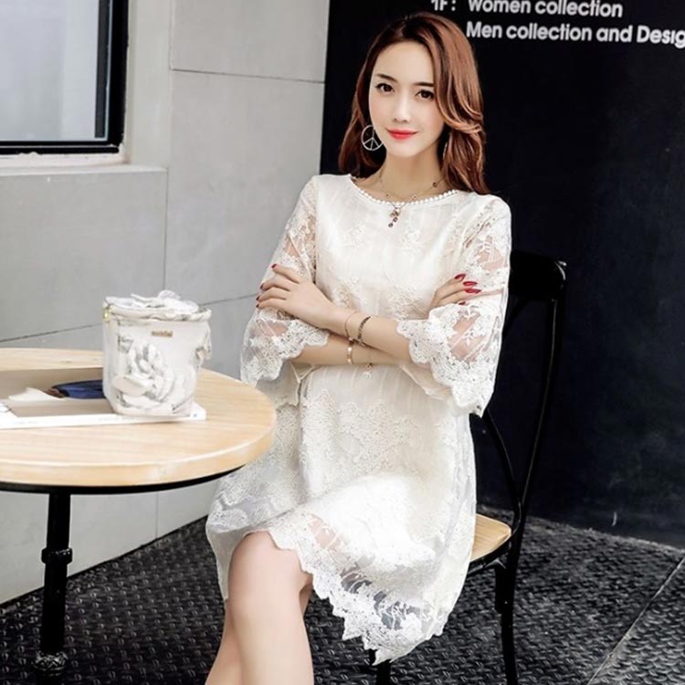 レースワンピース ワンピース 夏 ロングワンピース 7分袖 透け感 レディース 膝丈ワンピース シースルー 体型カバー きれいめ 着瘦せ 大人女性 卒業式 入学式 大きいサイズ レース 可愛い ギフト プレゼント かわいい 送料無料