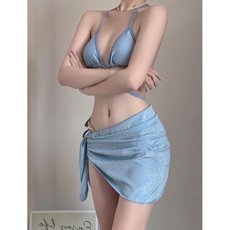 ビキニ 水着 レディース 体型カバー 3点セット きれいめ 可愛い セクシー お洒落 無地 リゾート 旅行 オトナ女子 バスト 盛れる お尻 お腹 太もも ブルー 海 プール 水遊び 美バスト クロス 着瘦せ スイムウエア 大人 女性 プレゼント ギフト 送料無料