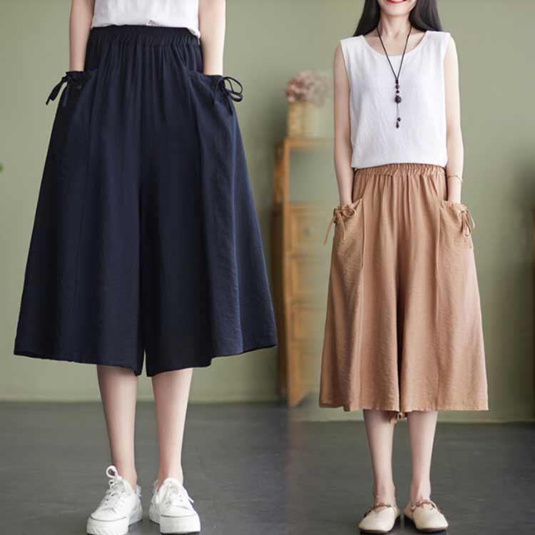 膝下丈 ワイドパンツ 綿麻パンツ レディース ゆったり 体型カバー ガウチョパンツ ...