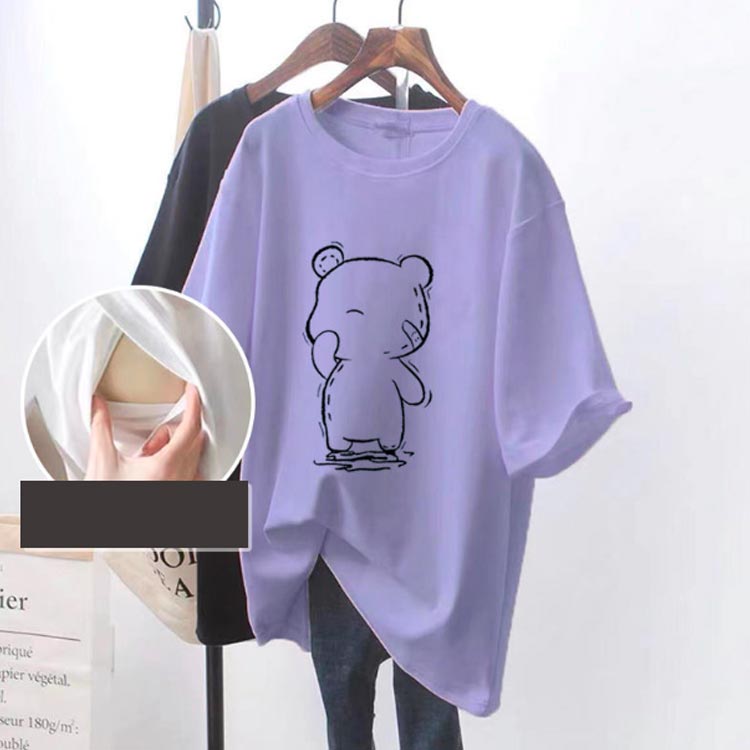 授乳服 半袖 妊婦服 tシャツ トレーナー 授乳 トップス 授乳Tシャツ インナー 春夏 可愛い マタニティ ロンT 授乳ウェア 熊 クルーネック ルームウェア シンプル 産前産後兼用 妊婦 ロング丈 大きいサイズ 体型カバー 快適 送料無料 3