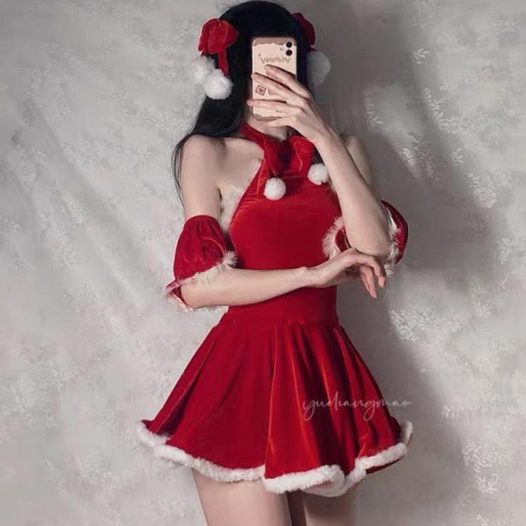 One Piece + Armwarmer*2+ Accesorios para el cabello*2) Vestido de Papá Noel Cosplay One Piece Navidad Papá Noel Papá Noel Adulto Lady Vestido Sexy Papá Noel Papá Noel Vestido de 5 puntos — vista 2