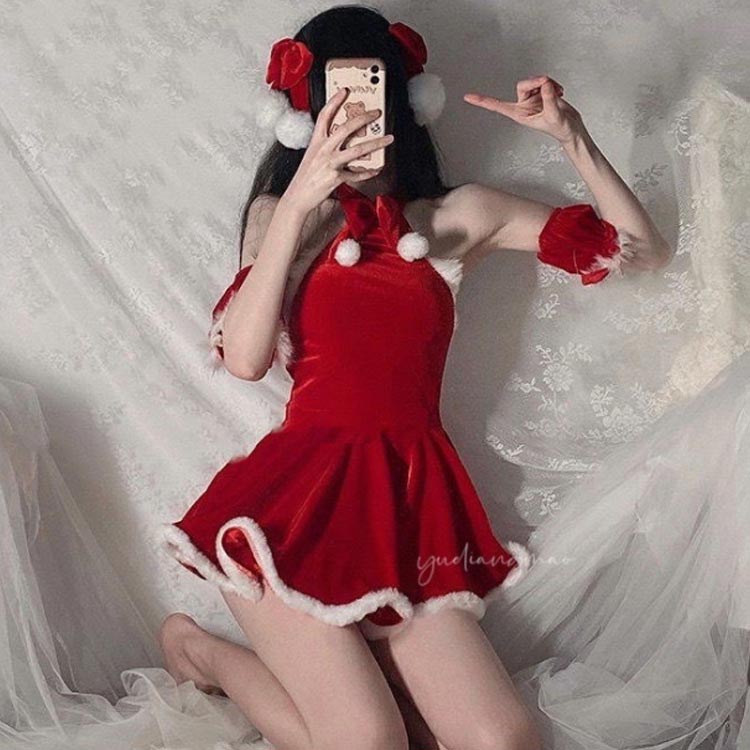 One Piece + Armwarmer*2+ Accesorios para el cabello*2) Vestido de Papá Noel Cosplay One Piece Navidad Papá Noel Papá Noel Adulto Lady Vestido Sexy Papá Noel Papá Noel Vestido de 5 puntos — vista 3