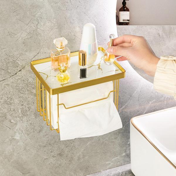 あまねの棚付きトイレットペーパーホルダー自己接着性防錆バスルーム洗面所ホワイトゴールドトレイ｜アングル3