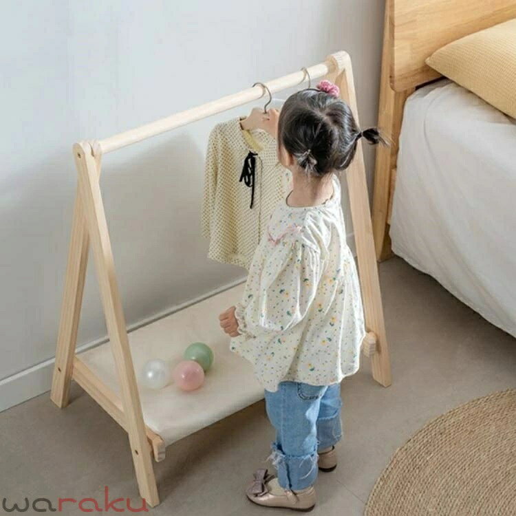 折りたたみ キッズハンガーラック 木製 幅約83cm ハンガーラック 子供 キッズ コートハンガー ハンガー ラック 子供服 洋服掛け ハンガーポール ポールハンガー 衣類収納 頑丈 コンパクト 省スペース 収納 子供部屋 リビング [3]