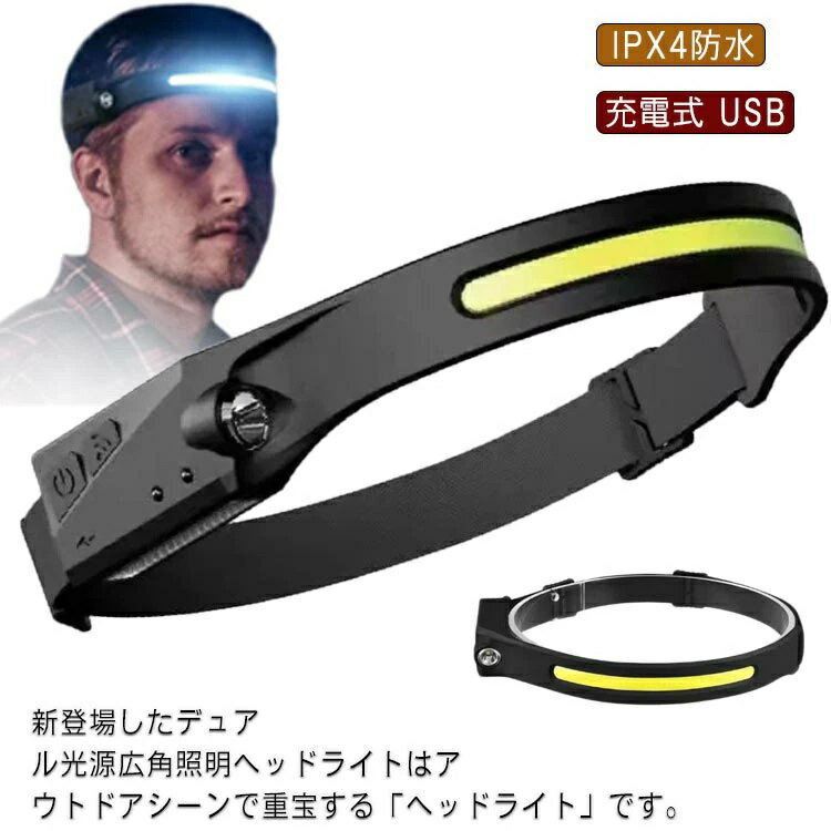 高品質led搭載で光学凸レンズを採用し、均一な発光が届ける最大輝度1000ルーメンの式ヘッドライトです。 小型・軽量・フィット感抜群：ヘッドライト本体は僅か73グラムの超軽量で頭にかかる圧力が少なくなり、安定さを一層強化し走っても揺れません。暗い現場での作業はもちろん、キャンプや山登り、夜釣り、ジョギング、ハイキング等にも最適です。2 in 1ヘッドライト：xpe光源とcob光源を組み合わせたものです。センサー機能：最新の独立センサースイッチは必要がある時のみ使用し、誤操作を防止します。点灯時はセンサースイッチを押せばセンサースイッチモードに入り、手をかざすだけon/off※ご注意：センサースイッチモードでは輝度調整不可usb式 ：1200mahのリチウム池が内蔵（usbケーブル付属）しており、電池交換不要、usb-cポートが付いており、ノートパソコン、、usb器、acアダプター等、多数のusbポート（5v）をサポート出来るデバイスに適しています。5つの点灯モード　様々な環境に適する※通常モードでは点灯から60秒経過後、もう一度操作ボタンを押すと 自動的に電源がoffになるので消灯する際に何度もボタンを押す必要はありません。電源スイッチを長押ししてsos点滅モードに入ります。●パッケージは改良のため予告なく仕様を変更する場合があります。●出荷前に全て検品を行っておりますが、万が一商品に不具合があった場合は、お問い合わせフォームまたはメールよりご連絡頂けます様お願い申し上げます。速やかに対応致しますのでご安心ください。▼商品の色は、撮影時の光や、お客様のモニターの色具合などにより、実際の商品と異なる場合がございます。あらかじめ、ご了承ください。▼同じ商品でも生産時期により形やサイズ、カラーに多少の誤差が生じる場合もございます。▼他店舗でも在庫を共有して販売をしている為、受注後欠品となる場合もございます。予め、ご了承お願い申し上げます。▼