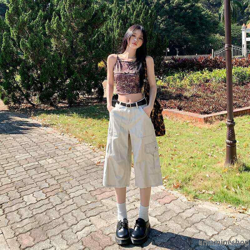デザイン感 ワイドパンツ ヴィンテージ風 再生繊維 七分丈 デニム おしゃれ アメリカン 大きめポケット ショートパンツ レディース 普段着 レトロ ワークパンツ 天シルク