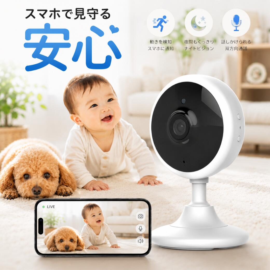   防犯カメラ WIF ネットワークカメラ 200万画素 ベビーモニター ベビー ペットカメラ モーション 動体検知 家庭 追尾 音声 留守番 見守りカメラ ワイヤレス 屋内 監視 小型 スマホ 犬猫 工事不要 クラウド