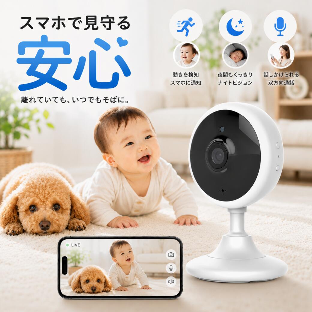 【10％クーポン配布中】 【広角130度 小型高性能防犯カメラ】 防犯カメラ WIF ネットワークカメラ 200万画素 ベビーモニター ベビー ペットカメラ モーション 動体検知 家庭 追尾 音声 留守番 見守りカメラ ワイヤレス 屋内 監視 小型 スマホ 犬猫 工事不要 クラウド