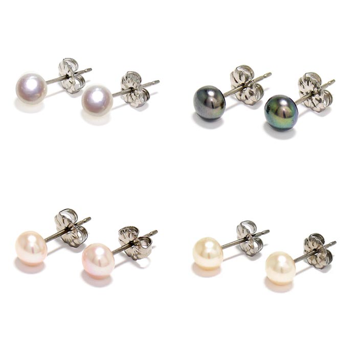 パール 真珠 ピアス ボタン型 5.5mm チタンピアス 白 黒 パープル オレンジ