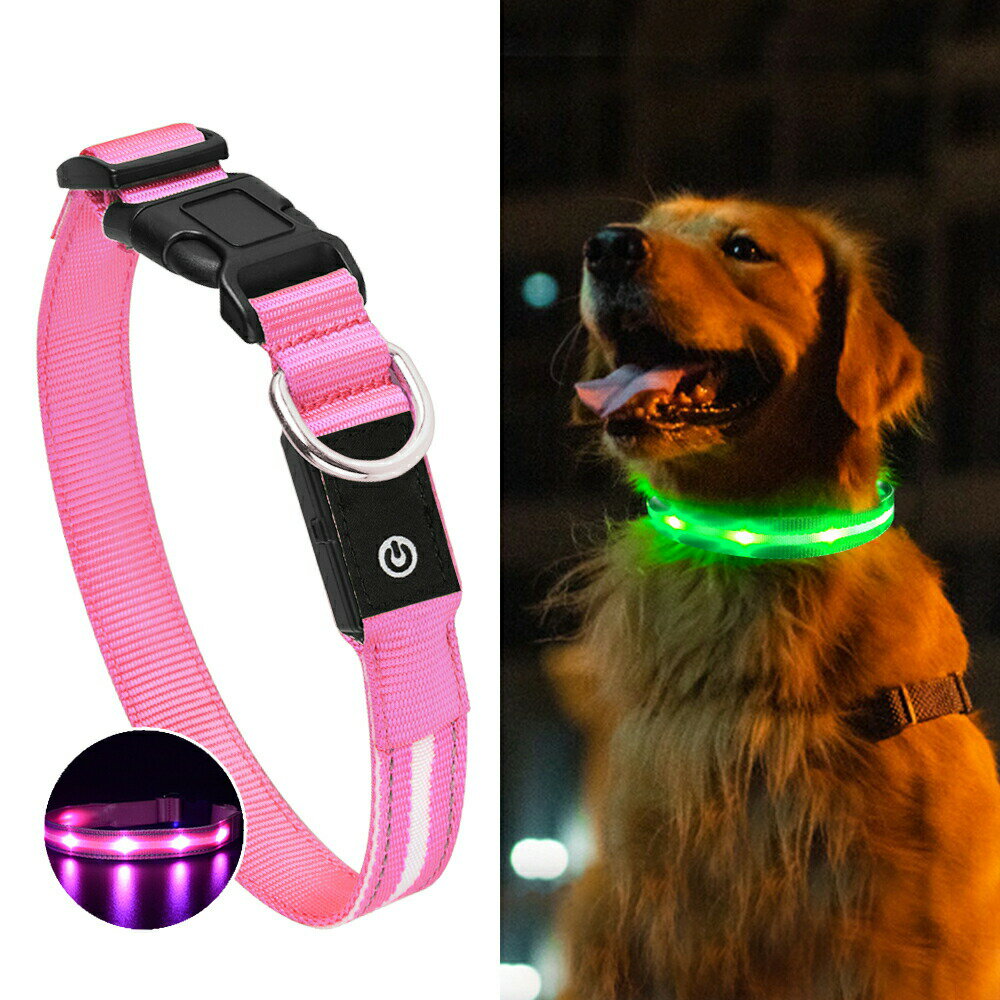 犬用光る首輪【ピンク：S〜L】3種類のLED点滅パターン ペット 夜間散歩 ライト USB充電 防水・防塵 ABS..