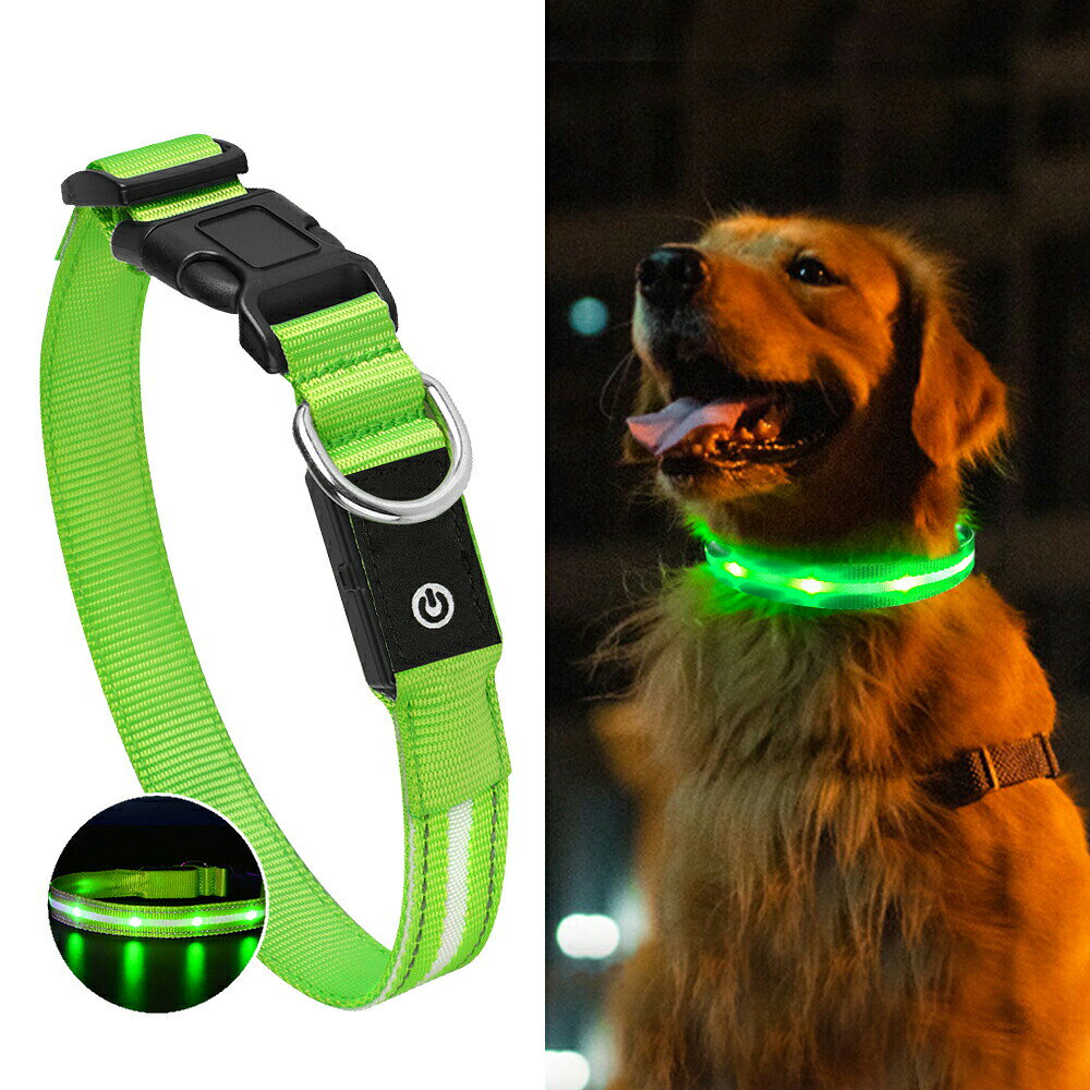 犬用光る首輪【グリーン：S〜Lサイズ】3種類のLED点滅パターン ペット 夜間散歩 ライト USB充電 防水・防塵 暗い夜道の散歩で大活躍！LEDライトでペットの存在を周りに知らせることで、事故を防止する事が出来ます。また、ペットが迷子になっても光っているので見つけやすくて安心です。 スイッチを押すと、高速点滅、低速点滅、定常光、消灯の4つのモードに切り替わります。光の色は眩しく、点滅と組み合わせることで安全に夜間に車や自転車などから愛犬を守ることができます。ペットの位置がわかるので、夜の散歩に最適です。 アジャスター付きでペットの首回りに合わせてジャストサイズに調節できます。首輪はワンタッチで取り付け可能。 USB充電式なので繰り返し使用することができます(USB端子付き)。約30分でフル充電され、2時間使用することができます。 本体はシリコンとABS素材でできており、防水仕様なので、雨で水がかかっても使用可能です。ティッシュや布で拭き取るだけでOKなので、雨の日でも安心してお使いいただけます。充電部分に水が入らないようにご注意ください。(ゴムキャップでしっかり接続部に蓋をしてください) サイズ一覧 愛犬の首回りの長さに合わせてアジャスターで調整が可能です。 Sサイズ：28〜40cm Mサイズ：33〜50cm Lサイズ：48〜60cm 2