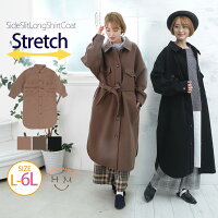  大きいサイズ レディース アウター | サイドスリット ロング シャツ コート _ ブルゾン LL 3L 4L 5L 6L 冬 冬物 冬服 ぽっちゃり ゆったり かわいい カジュアル ナチュラル きれいめ 上品 ガーリー ポケット付き [447110（205543）]