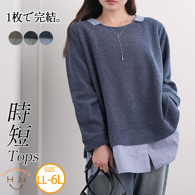 大きいサイズ レディース トップス | 1枚で完結 裾見せ レイヤード風 トップス _ プルオーバー カットソー LL 3L 4L 5L 6L 長袖 冬 冬物 冬服 ぽっちゃり ゆったり プラスサイズ かわいい おしゃれ カジュアル ナチュラル お腹 [5558004]