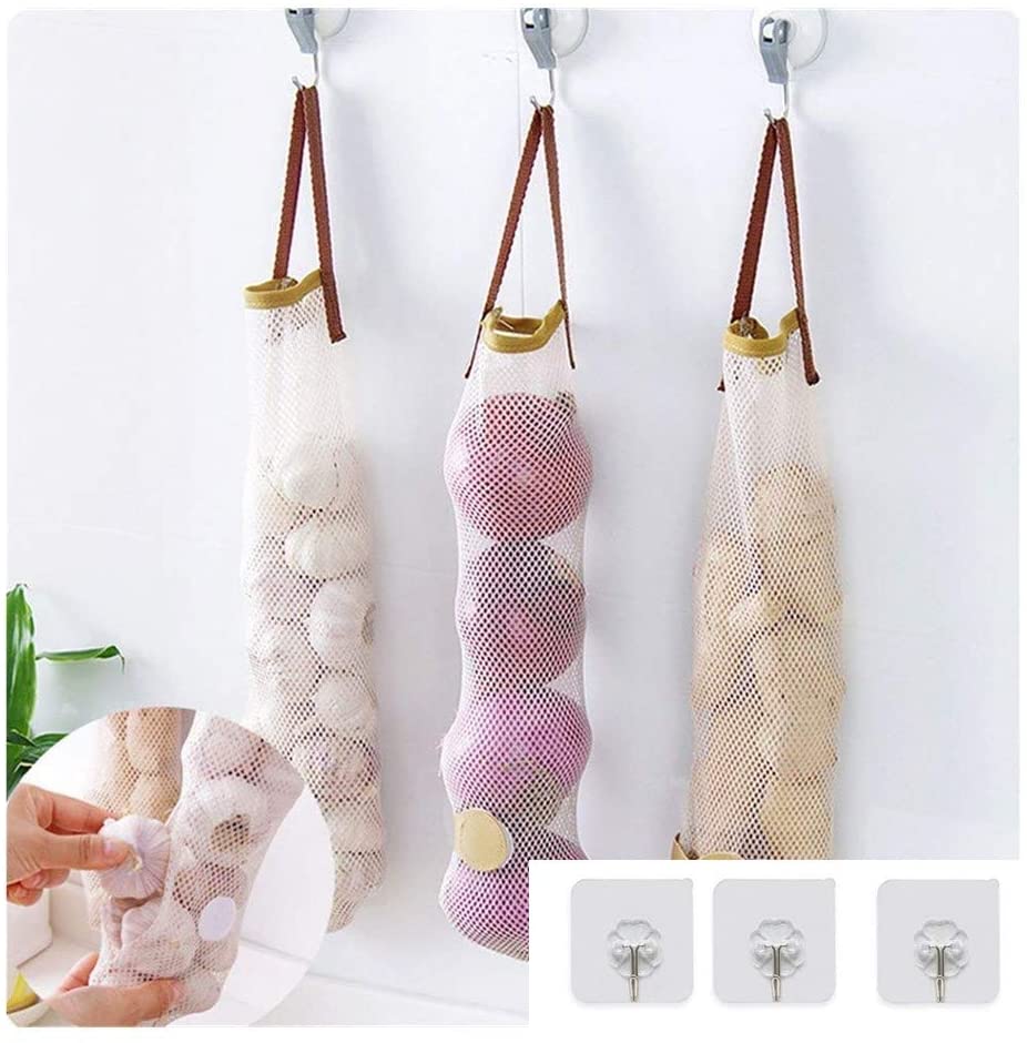 【シンプルで使いやすい】収納バッグ 3枚セット 折りたたみ レジ袋ストッカー 果物と野菜のメッシュバッグ 吊り下げ収納ポテト 玉ねぎ グリーン ペッパ ネットバ...