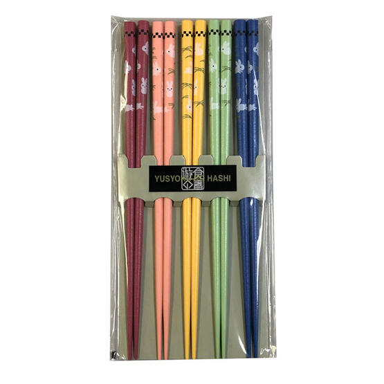 イシダ お箸 客用 5膳組 乾漆野 うさぎ 日本製 ヘッダー 滑り止め加工 23cm ハシ はし お箸 セット 色違い カラフル ウサギ かわいい 和風 天然木 柄違い おしゃれ ブルー グリーン ピンク イエロー 買いまわり