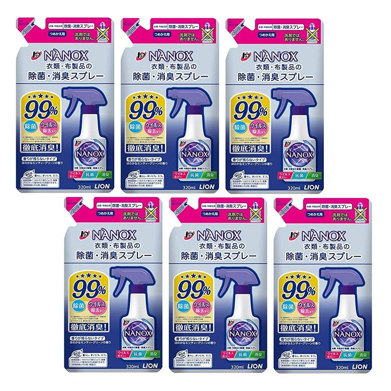 商品名 トップ ナノックス NANOX 除菌・消臭スプレー 詰替 320ml 詰め替え つめかえ 【×6個セット】 商品説明 衣類・布製品の除菌・消臭スプレーウイルス除去まで 抗菌 消臭香りが残らないタイプほのかなミンティーグリーンの香り（詰め替え）除菌・消臭はもちろん、抗菌・抗カビ・ウイルス除去(※)までできる衣類・布製品用消臭剤○菌やカビの増殖も防ぎます(抗菌、抗カビ)○汗やタバコなどのイヤなニオイもしっかり消臭○香りが残らない、ほのかなミンティーグリーンの香り○100%天然ハーブ、ティーツリーオイル配合(※)一般財団法人 ニッセンケン品質センター試験済み。スプレーを想定したモデル試験での効果。すべてのウイルス・菌を取り除くわけではありません内容量:320ml原産国:日本※リニューアルなどによりパッケージなどの仕様が予告なく変更になる場合がございます。ご了承ください。 おすすめ商品