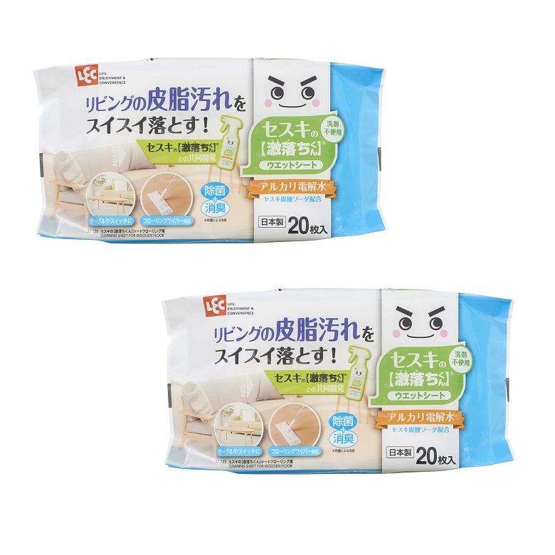商品名 レック セスキの激落ちくんシート フローリング用 【×2個セット】 商品説明 20枚入×2個セット●話題の「セスキ炭酸ソーダ」と「アルカリ電解水」を配合したお掃除シートです。●リビングの皮脂汚れや油汚れに。アルカリのちからでスッキリお掃除。●水拭きでは取れない汚れをマイナスイオンが包み込んで浮かせて落とします。●フローリング床、ビニール床、テーブル等の家具のお掃除に。●小さなお子様やペットのいるご家庭にもお使いいただけます。【生産地】中国【サイズ】本体サイズ(約)：210x135x30mm　シートサイズ(約)：300x200mm【素材】レーヨン、ポリエステル、ナイロン成　分：水、エタノール、アルカリ電解水、ph安定剤、除菌剤、セスキ炭酸ソーダ【液性】弱アルカリ性※リニューアルなどによりパッケージなどの仕様が予告なく変更になる場合がございます。ご了承ください。 おすすめ商品