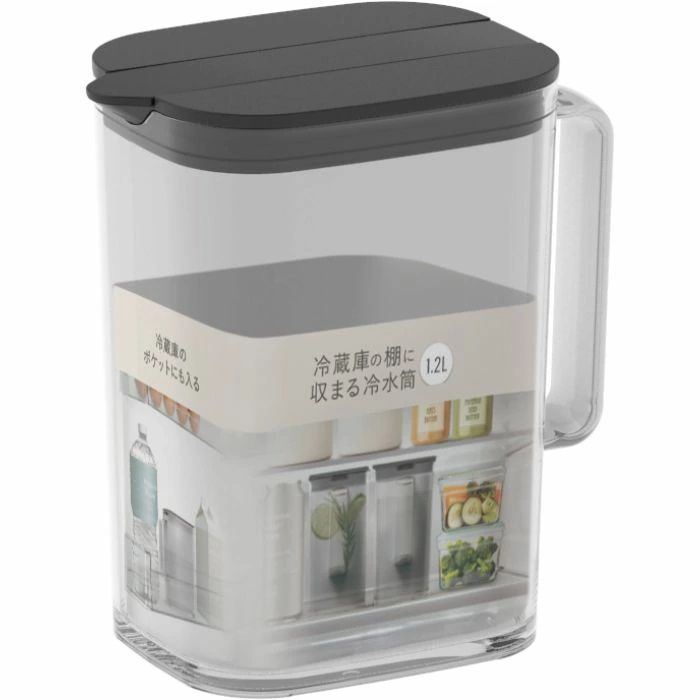 麦茶ポット お茶ポット 冷蔵庫の棚に収まる冷水筒 1.2L ブラック 黒 コンパクト ワンプッシュオープン ..