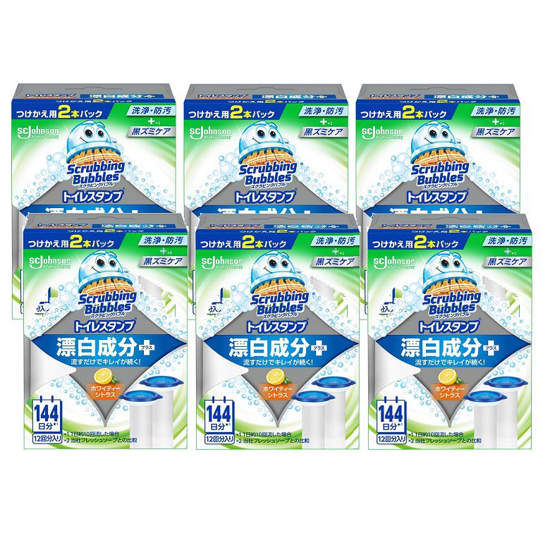商品名 スクラビングバブル トイレスタンプ漂白+ ホワイティーシトラス 付替 2本パック 【×6個セット】 商品説明 水を流すたびにピカピカにするトイレ洗浄剤便器にスタンプするだけで簡単に洗浄、漂白、黒ずみ防止トイレタンクの有無に関係なく、ご利用いただけます濃縮ジェルから洗浄・防汚成分が溶け出して、水を流すたび便器全体に広がりますホワイティーシトラスの香り●内容量：付け替えスタンプ(6回分 38g)×2本●「トイレスタンプ」はトイレを洗浄・防汚するトイレ用洗剤です。●便器にポンっと押すだけで、水を流すたびに洗浄・防汚成分が便器内で直接全体に広がって黒ズミも汚れも防ぎます。汚れがつきにくいだけでなく、トイレの消臭もしてくれる！●1回のスタンプでキレイが12日間続く!流すたびにしっかり洗浄してキレイが続くトイレのスタンプ（※1日約10回流した場合）●防汚コーティングで汚れがつきにくく、使用後もピカピカ。●マラゴニー効果によって便器の内側に一箇所スタンプするだけで、トイレの水を流すたびに濃縮ジェルから洗浄・防汚成分が溶け出し全体に広がります。●どんなタイプの洋式トイレにも使えます。(タンクレストイレ、渦巻き式水洗トイレ、節水タイプトイレもOK)●ホワイティーシトラスの香り※スタンプを押す際、便器と容器のすきまがないようにして押してください。原材料・成分界面活性剤(28％ポリオキシエチレンアルキルエーテル)、溶剤、香料、漂白剤※リニューアルなどによりパッケージなどの仕様が予告なく変更になる場合がございます。ご了承ください。 おすすめ商品