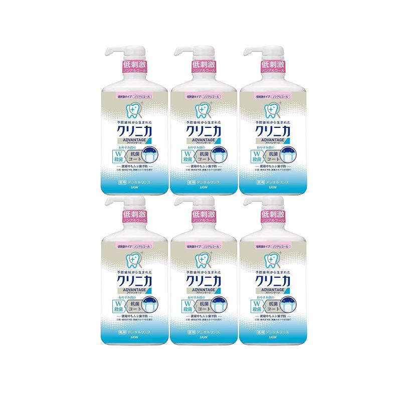 商品名 クリニカアドバンテージデンタルリンス 低刺激(ノ ンアルコール)900ml 【×6個セット】 商品説明 ブランド クリニカ液体容量 900 ミリリットル風味 ハーブ商品の形状 液体商品サイズ (幅×奥行×高さ) :99mm×80mm×217mm原産国:日本内容量:900mL安全上のお知らせ直射日光からは避けて保管してください。原材料・成分湿潤剤・・・グリセリン/溶剤・・・PG/香味剤・・・香料(シトラスハーブミントタイプ)、キシリトール、サッカリンNa/可溶化剤・・・POE硬化ヒマシ油/pH調整剤・・・クエン酸Na、クエン酸/保存剤・・・パラベン/薬用成分・・・塩化セチルピリジニウム、塩化ベンゼトニウム/コーティング剤・・・グリセロリン酸カルシウム●おやすみ前のご使用で、就寝中にリスクの高まるムシ歯／口臭／歯肉炎を予防し、翌朝のネバつきを防ぐ『ムシ歯予防デンタルリンス』です●独自の「長時間殺菌処方（殺菌+抗菌コート）」で翌朝まで原因菌をよせつけず、増殖も抑制します●家族で使いやすい「低刺激タイプ」で、キシリトール（天然素材甘味剤）配合です●シトラスハーブの香味です●販売名：ライオンデンタルリンスCga原材料・成分湿潤剤・・・グリセリン/溶剤・・・PG/香味剤・・・香料(シトラスハーブミントタイプ)、キシリトール、サッカリンNa/可溶化剤・・・POE硬化ヒマシ油/pH調整剤・・・クエン酸Na、クエン酸/保存剤・・・パラベン/薬用成分・・・塩化セチルピリジニウム、塩化ベンゼトニウム/コーティング剤・・・グリセロリン酸カルシウム安全警告直射日光からは避けて保管してください。クリニカアドバンテージ デンタルリンス殺菌＋抗菌コートで、おやすみ前のムシ歯予防！寝ている間は、唾液の分泌量が減少するためムシ歯などの原因菌が急増します。独自の「長時間殺菌処方」で細菌の増殖をしっかり抑えて、ムシ歯・口臭・歯肉炎を予防するデンタルリンスです。アルコール配合の「すっきりタイプ」とノンアルコールの「低刺激タイプ」の2つからお選びいただけます。こちらは低刺激タイプの商品ページです。W殺菌成分＋「抗菌コート」が実現する「長時間殺菌処方」W殺菌成分＋「抗菌コート」が実現する「長時間殺菌処方」2つの殺菌成分「CPC※」と「BTC※」がお口のすみずみまで行き渡って、原因菌の増殖を朝までしっかり抑制。さらに「コーティング剤（グリセロリン酸カルシウム）」が、2つの殺菌成分を歯面に吸着させるので、原因菌を歯によせつけない抗菌効果を長時間発揮し、ムシ歯・歯肉炎・口臭を防ぎます。寝る前の使用がオススメ■使用方法液体ハミガキはハミガキ剤と同じ役割の為、必ずブラッシングの前に使いましょう。適量約10mlを口に含み、20秒ほどすすぎ、吐き出した後、ブラッシングしてください。また、寝ている間は口の中の自浄作用が低下し、ムシ歯になりやすい環境になる為、寝る前の使用がおススメです。※リニューアルなどによりパッケージなどの仕様が予告なく変更になる場合がございます。ご了承ください。 おすすめ商品