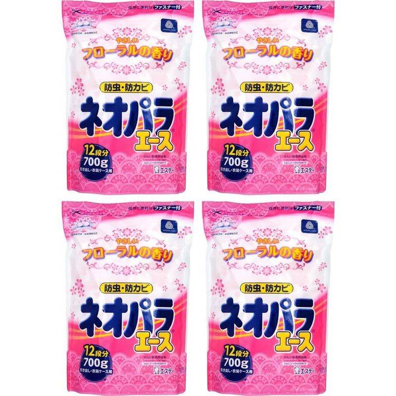 商品名 ネオパラエース 引き出し・衣装ケース用 700g やさしいフローラルの香り 【×4個セット】 商品説明 【大切な衣類をしっかり防虫】特殊和紙包装の全面から広がった防虫成分が効果を発揮し、大切な衣類を虫から守ります。カシミヤ・ウールにも安心してご使用いただけます。全面揮散方式【安定した防虫効果】特殊フィルムが多層になっているので、季節を問わず安定した防虫効果を発揮します。【衣類をカビからも守ります】防カビ効果でカビの発育を抑えます。【切らずに使えて安心】切らずにそのまま使えて、薬剤が衣類にふれないので、安心してご使用いただけます。【標準使用量】タンスの引き出し50L（83×40×15cm）・・・7包衣装ケース50L（33×50×30cm）・・・7包衣装ケース75L（40×75×25cm）・・・10包■使用上の注意 ●パッケージに記載されている使用量を守って使用する。●密閉性のある収納容器で使用する。●衣類の入れ替えをする時は、部屋の換気をする。●幼児の手の届くところに置かない。●本品は食べられない。万一食べた時には医師に相談する。●誤食などの対応のため、使用中はパッケージを保管する。●ナフタリンまたはしょう脳との併用は避けること。溶けて衣類にシミを残すことがある。●塩化ビニール製のバッグ、スチロール製の人形及びアクリル製のブローチなどのプラスチック製品に使用しない。本剤におかされ変形することがある。●有効期間：使用開始後　約4?6ヵ月（温度、収納容器及び使用状態などで一定しない。）夏期は薬剤の残量を早めに見て補給すること。●気温の変化などで、まれに袋の中に結晶状の防虫成分が付着していることがあるが、防虫剤の品質および使用に問題はない。また、使用中まれに防虫成分が衣類に粉状または再結晶になって付くことがあるが、シミ・変色などの心配はない。風通しのよいところに吊るしておくと自然にとれるので、もんだり、こすったり、無理にとらない。●用途以外には使用しない。（防力ビ効果は、せんい製品防虫剤の用途で使用した場合の効果です。）●使用後は、地域のゴミ捨て規則に従って捨ててください。●使用上の注意を守って、衣類を大切に保管しましょう。■成分・分量 パラジクロルベンゼン、香料※リニューアルなどによりパッケージなどの仕様が予告なく変更になる場合がございます。ご了承ください。 おすすめ商品