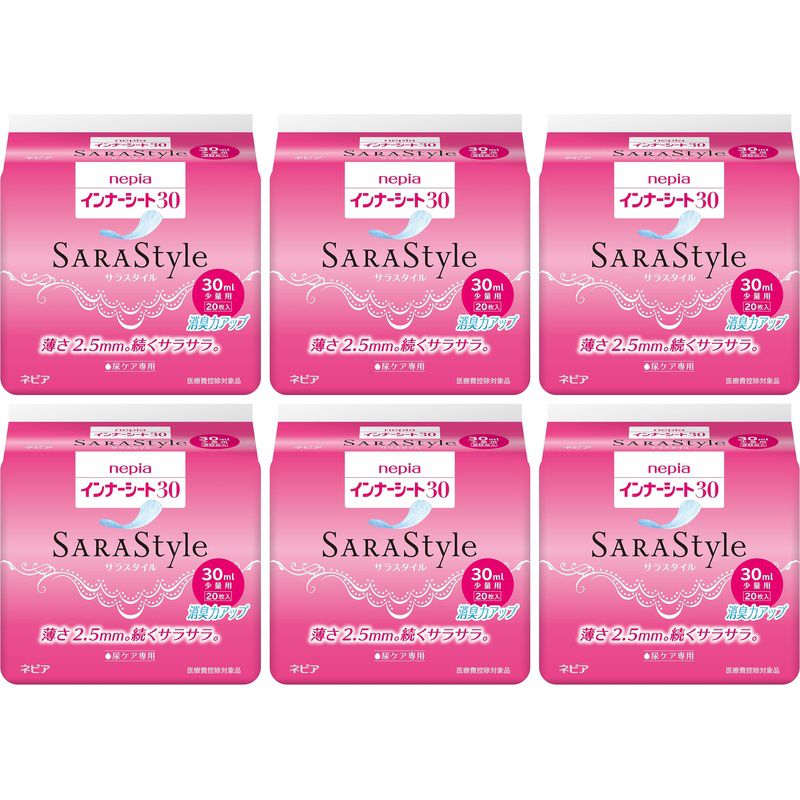 商品名 ネピア インナーシート30 20枚入【×6個セット】 商品説明 失禁プロテクタータイプ 尿漏れパッド対象ユーザー ユニセックス原産国 : 日本原材料 : 表面材:ポリエステル/ポリエチレン不織布、吸水材:パルプ/吸収紙/高分子吸収材、防水材:ポリエチレンフィルム、結合材:ホットメルト粘着材内容量 : 20枚商品サイズ (幅X奥行X高さ) :95×82×85アパレルサイズ(対応サイズ) : 商品寸法 8.5cm×19cm原材料・成分表面材:ポリエステル/ポリエチレン不織布、吸水材:パルプ/吸収紙/高分子吸収材、防水材:ポリエチレンフィルム、結合材:ホットメルト粘着材【注意】汚れたシートは早く取り替えて下さい。テープは直接お肌につけないで下さい。誤って口に入れたり、のどにつまらせることのないよう保管場所に注意し、使用後はすぐに処理して下さい。汚れた部分を内側にして丸めて、不衛生にならないように処理して下さい。トイレに捨てないで下さい。使用後の廃棄方法は、お住まいの地域のルールに従って下さい。外出時に使ったパッドは持ち帰りましょう。医療費控除対象商品です。軽い尿モレに！薄さわずか2.5mmで装着時にも目立たず、かさばらないのに、優れた吸収力で逆戻りなし。立体ギャザーつきだから体にフィットして横モレをしっかりガード、通気性シートだからいつもサラサラ！原材料・成分表面材:ポリエステル/ポリエチレン不織布、吸水材:パルプ/吸収紙/高分子吸収材、防水材:ポリエチレンフィルム、結合材:ホットメルト粘着材ネピア SARAStyle インナーシート30 20枚(目安吸収量:30ml)メーカーによる説明超うすでも、続くサラサラ 吸水後も弱酸性キープたった1.9mm※の薄さ（※メーカー調べ）アウターに響かない、超うすポリマーシートです。安心の吸収力しっかり吸収。表面はサラッと快適なままです。全面通気性シート採用ムレやカブレを防ぐ、そよ風感覚の着け心地です。ロングタイム消臭「銀イオン消臭ポリマー」と「ニオイ吸着シート」で消臭効果が持続します。弱酸性表面シート吸水後も弱酸性をキープします。※リニューアルなどによりパッケージなどの仕様が予告なく変更になる場合がございます。ご了承ください。 おすすめ商品