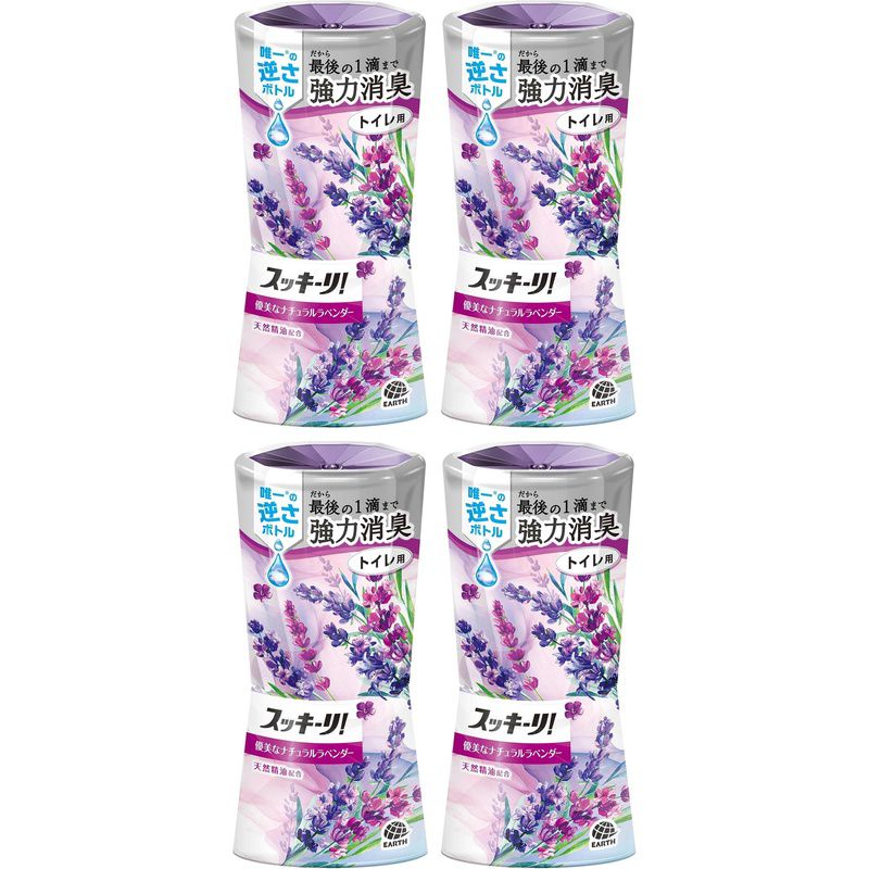 商品名 トイレのスッキーリ! Sukki-ri! 消臭芳香剤 アロマラベンダーの香り [トイレ用 400ml]【×4個セット】 商品説明 香り フローラル系色 パープルブランド スッキーリ!液残りゼロで香り続けるトイレ用置き型消臭芳香剤逆さボトルで上から下に液が落ちるから、液残りゼロで香り続けるトイレの臭い(匂い)対策としてご使用ください。3種の消臭剤がトイレのイヤなニオイを強力消臭穏やかなフローラルに、ナチュラルなラベンダーの香りを合わせたいやされる香り【使用期間】1.5ヵ月から3ヵ月 ※温度や使用環境により変動します。【品名】消臭・芳香剤【用途】トイレ用【製造】アース製薬安全上のお知らせ※必要に応じて読めるよう、製品表示を保管しておくこと。※誤飲に注意●本品は飲めない。子供や第三者の監督が必要な方がいるご家庭では誤飲に注意する。●用途以外に使用しない。●高温、直射日光を避け、子供や第三者の監督が必要な方の手の届かない所で使用、保管する。●使用中は安定した場所に置き、倒れないようにする。●ボトル内の液がなくなっても、下容器に液が溜まっている場合があるので注意する。●ボトルだけを持ち上げない。液がこぼれることがある。●液がこぼれた場合、シミ・変色の原因になることがあるので、すぐに拭き取る。【応急処置】●内容液が手についたり、目に入った場合はすぐに水で十分に洗い流す。また、誤って飲んだ場合は、大量の水を飲ませるなどの処置をした後、異常のある場合は医師に相談する。※リニューアルなどによりパッケージなどの仕様が予告なく変更になる場合がございます。ご了承ください。 おすすめ商品