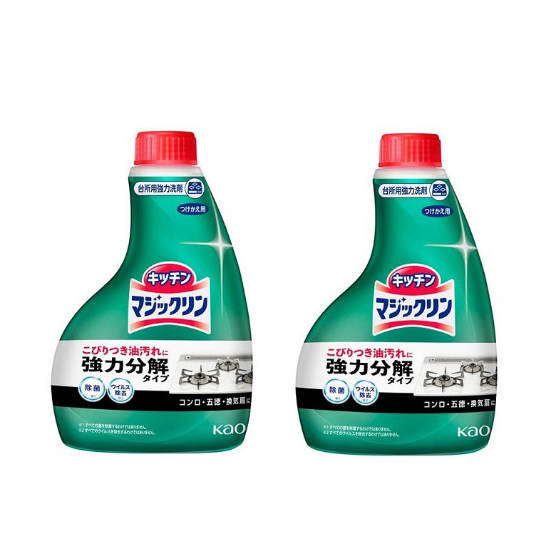 商品名 マジックリン ハンディスプレー 付替用 付け替え つけかえ 400ml 【×2個セット】 商品説明 こびりつき油汚れに！強力分解タイプ(付け替え用。本体は別売です）コンロや五徳・グリル・換気扇の油汚れを浮かせて分解！しっかり落とします。除菌※、ウイルス除去※も。※すべての菌・ウイルスを除去するわけではありません。液性　：　 アルカリ性使用量の目安　：　1に対して約9回噴射（9mL）使えないもの　：　●家具、フローリング床、水がしみこむもの●銅・しんちゅう・亜鉛鋼板製品品名住宅用合成洗剤成分界面活性剤（1％、アルキルアミンオキシド）、泡調整剤、アルカリ剤香り・色・味ミントの香り用途使い方おそうじに汚れにスプレーして布等でふきとる。★ひどい汚れには、スプレーして5分ほど置くと効果的。ふきとった後は、水で洗い流すか、充分水ぶきする。除菌・ウイルス除去に対象部分に直接スプレーして5分おく。（すべての菌・ウイルスを除去するわけではありません。）使用後は水で洗い流すか、充分水ぶきする。使用上の注意使用上の注意●眼鏡等を着用し、目に液や飛沫が入らないように注意する。●「止」にしたままスプレーしない。ノズルを顔に向けない。●目より高い所は、スポンジや布等につけてふく。●用途外に使わない。●子供の手の届く所に置かない。●認知症の方などの誤飲を防ぐため、置き場所に注意する。●必ず換気をよくし、一度に大量に使わない。●使用時は炊事用手袋を使う。●必ず「止」で保管する。●容器を横にした状態で上に物を置かない。レバーに力が加わると液がもれることがある。包装容器の材質プラキャップ：PPボトル：PPラベル：PS※リニューアルなどによりパッケージなどの仕様が予告なく変更になる場合がございます。ご了承ください。 おすすめ商品
