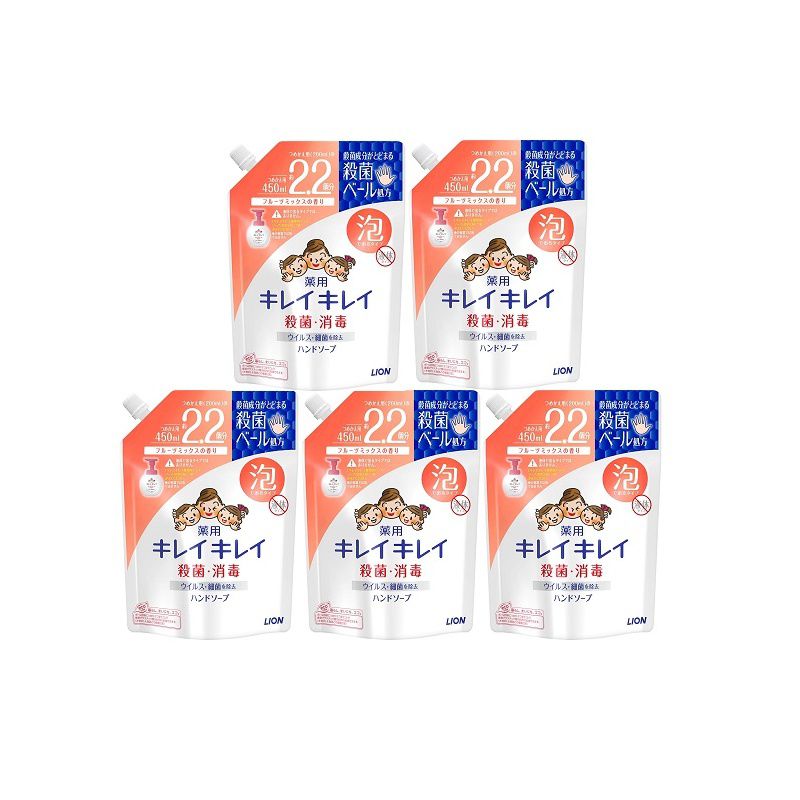 商品名 キレイキレイ 薬用泡ハンドソープフルーツミックス 詰替 大型 450ml 【×5個セット】 商品説明 商品の形状 泡ハンドソープサイズ: 450mlきちんと殺菌し、バイ菌から手肌を守る、泡で出るタイプのハンドソープ。キメ細かな泡がすみずみの汚れをしっかり落とします。泡切れがよく、すすぎが早いので洗いあがりがぬるつきません。＊天然レモンオイル配合＊手に残りにくい、シトラスフルーティーの香り毎日の手洗いを楽しい習慣に　“キレイキレイしよ！”※リニューアルなどによりパッケージなどの仕様が予告なく変更になる場合がございます。ご了承ください。 おすすめ商品