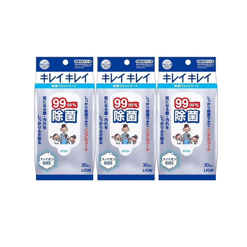 商品名 キレイキレイ 99.99%除菌ウェットシート ノンアルコ ール 30枚 【×3個セット】 商品説明 ブランド キレイキレイメーカー ライオン商品サイズ (幅×奥行×高さ) :80mm×37mm×180mm原産国:日本内容量:30枚材質:レーヨン/PP/PE原材料・成分(一社)日本衛生材料工業連合会自主基準による表示成分:水、PG、ベンザルコニウムクロリド、メチルパラベン、ココイルアルギニンエチルPCA、モモ葉エキス、EDTA-2Na シート材質:レーヨン/PP/PEノンアルコールタイプで99.99%除菌できるナノイオン成分配合のキレイキレイ99.99%除菌ウェットシート●ナノイオン成分配合で99.99%の高い除菌効果●ノンアルコール処方イヤなニオイもしないから、お子様にも安心して使える●大きめメッシュシートで手指の汚れやべとつき、身の回りのすみずみまでふき取れる※リニューアルなどによりパッケージなどの仕様が予告なく変更になる場合がございます。ご了承ください。 おすすめ商品