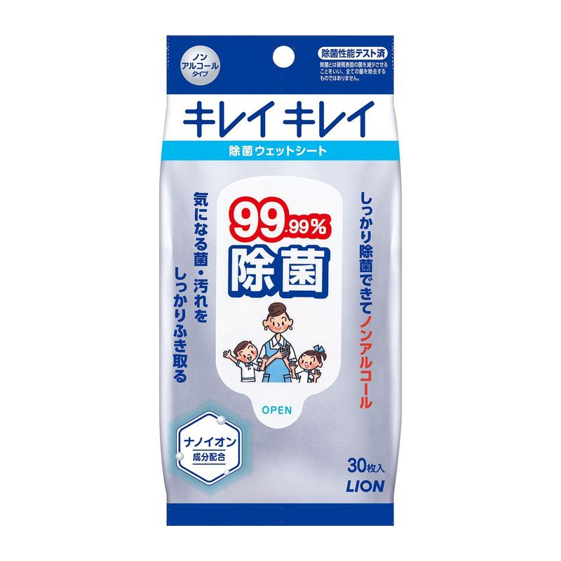 商品名 キレイキレイ 99.99%除菌ウェットシート ノンアルコ ール 30枚 商品説明 ブランド キレイキレイメーカー ライオン商品サイズ (幅×奥行×高さ) :80mm×37mm×180mm原産国:日本内容量:30枚材質:レーヨン/PP/PE原材料・成分(一社)日本衛生材料工業連合会自主基準による表示成分:水、PG、ベンザルコニウムクロリド、メチルパラベン、ココイルアルギニンエチルPCA、モモ葉エキス、EDTA-2Na シート材質:レーヨン/PP/PEノンアルコールタイプで99.99%除菌できるナノイオン成分配合のキレイキレイ99.99%除菌ウェットシート●ナノイオン成分配合で99.99%の高い除菌効果●ノンアルコール処方イヤなニオイもしないから、お子様にも安心して使える●大きめメッシュシートで手指の汚れやべとつき、身の回りのすみずみまでふき取れる※リニューアルなどによりパッケージなどの仕様が予告なく変更になる場合がございます。ご了承ください。 おすすめ商品