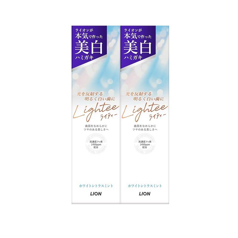 商品名 Lightee ハミガキ ホワイトシトラスミント 100g 【×2個セット】 商品説明 香味爽やかでみずみずしいホワイトシトラスミント香味分類薬用ハミガキ効能・効果歯を白くする/たばこのヤニ除去/ムシ歯予防/口臭予防/口中浄化/口中爽快使用上の注意高濃度フッ素1450ppm配合。6才未満のお子さまへのご使用はお控えください。製品サイズ ?19.1 x 4.4 x 3.8 cm; 0.12 g香り ?ホワイトシトラスミント香りの系統 ?シトラス系商品タイプ ?ペーストサイズ ?100グラム (x 1)使用方法歯ブラシに豆粒ほどの量を取り、2分間円運動でブラシし、全面に当て、しっかりと洗い流す●光発想で生まれた「Lightee（ライティー）」はミクロクレンジング処方により光を反射し、明るく白い歯*にする美白*ハミガキ（※本来の歯の白さへ。）●ミクロクレンジング処方で、歯の表面にできるミクロなキズに残った着色汚れまで徹底除去。●フッ素がエナメル質の修復を促進。●ムシ歯を予防。●LSS（ラウロイルサルコシンナトリウム）配合で口臭を予防使用方法歯ブラシに豆粒ほどの量を取り、2分間円運動でブラシし、全面に当て、しっかりと洗い流す光を反射する本来の明るく白い歯にするハミガキ『Lightee（ライティー）』ライオンが解明！歯が明るく白く感じにくいのは、歯面にできるミクロなキズの汚れまで落とし切れていないことが原因でした。Lighteeは歯の表面にできるミクロのキズに残っていた着色汚れまで落として“光を反射する”明るく白い歯※に。※本来の歯の白さへ。Lighteeなら、見えないミクロレベルの汚れまで徹底除去Step1ハミガキ剤がミクロのキズに残った着色汚れを浮かす。Step2約3ミクロンの微粒子パウダー※が入り込み、汚れを徹底除去。ステインを除去、光を反射する明るく白い歯※※に。※酸化Al（光沢剤）　※※本来の歯の白さへ。ムシ歯を予防フッ素※がエナメル質の修復※※ を促進しムシ歯を防ぐ。高濃度フッ素（1450ppm）配合。6歳未満のお子様へのご使用はお控えください。※フッ化ナトリウム　※※再石灰化口臭を予防LSS（ラウロイルサルコシンナトリウム）が口臭を予防。天然ミントライオンでは、香味の王道とも言える特有の香りと爽快感を持つ天然ミントにこだわり、創業時の最初の歯みがき剤ブランド「獅子印ライオン歯磨」以来、使い続けています。※リニューアルなどによりパッケージなどの仕様が予告なく変更になる場合がございます。ご了承ください。 おすすめ商品