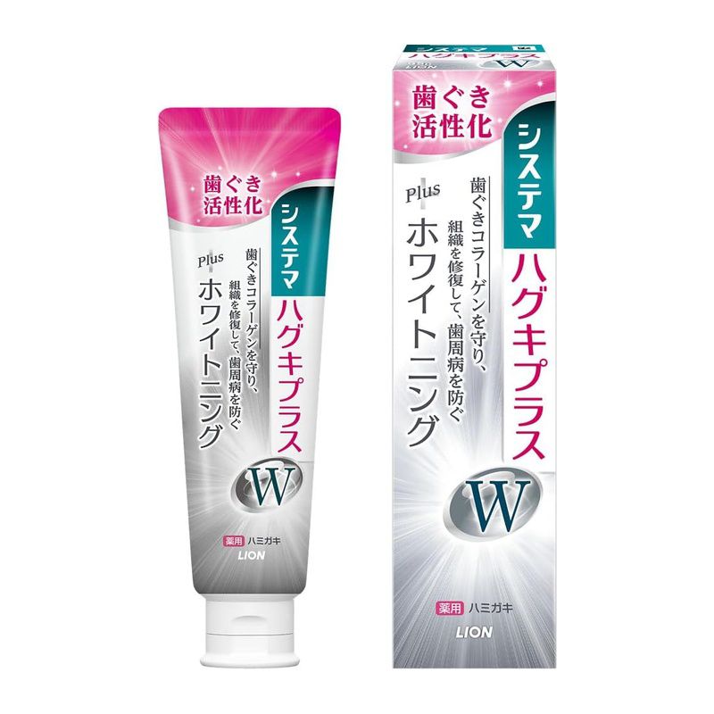 商品名 システマ ハグキプラスW ハミガキ 95g 商品説明 ブランド システマ風味 ホワイトハーブ商品の形状 ペースト商品特長 高濃度フッ素商品サイズ (幅×奥行×高さ) :313mm×212mm×328mm内容量:95G高濃度フッ素(1450ppm)配合 ※6歳未満のお子様へのご使用はお控えください。香味:刺激を抑えたホワイトハーブ安全上のお知らせ発疹などの異常が現れたときは使用を中止し、商品を持参し、医師に相談する。原材料・成分湿潤剤・・・ソルビット液、PG/清掃剤・・・無水ケイ酸A/粘度調整剤・・・無水ケイ酸、CMC・Na/発泡剤・・・POE硬化ヒマシ油、POEステアリルエーテル、ラウロイルメチルタウリンNa/薬用成分・・・ポリリン酸Na、フッ化ナトリウム(フッ素として1450ppm)、酢酸トコフェロール(ビタミンE)、イソプロピルメチルフェノール(IPMP)、トラネキサム酸/香味剤・・・香料(ホワイトハーブミントタイプ)、サッカリンNa/pH調整剤・・・硫酸Na/粘結剤・・・ポリアクリル酸Na/浸透剤・・・PEG4000/安定剤・・・酸化Ti/コーティング剤・・・イソステアリン酸フィトステリル、イソステアリン酸、アルギン酸PG/清涼剤・・・メントール/保存料・・・パラベン使用方法歯ブラシに小豆サイズの歯磨き粉を乗せ、2分間円運動でブラシ、全面に当て、しっかりと洗浄し、最後に口をゆすいでください。4つの作用で歯周病を防ぎ、健康な歯ぐきを保つ（1）歯ぐき活性化作用：薬用成分ビタミンE（酢酸トコフェロール）が歯ぐき細胞を活性化し、組織を修復します。（2）コラーゲン分解抑制作用：薬用成分トラネキサム酸とビタミンEをダブル配合、歯ぐきのコラーゲンが壊れるのを防ぎます。（3）浸透殺菌作用：薬用成分IPMP（イソプロピルメチルフェノール）が、歯周ポケットの歯周病プラーク*を殺菌します。（4）抗炎症作用：薬用成分トラネキサム酸が、歯ぐきのハレ・出血を抑えます。*歯周ポケット内の歯垢（歯周病菌を含む菌の集合体）※リニューアルなどによりパッケージなどの仕様が予告なく変更になる場合がございます。ご了承ください。 おすすめ商品