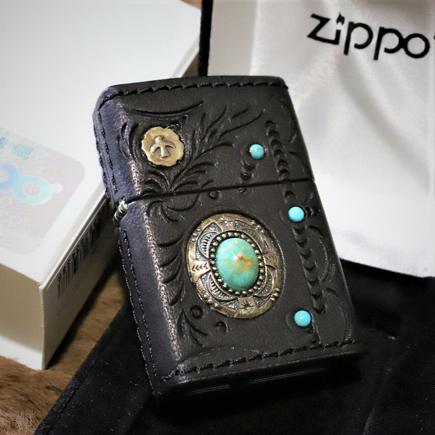 高級ZIPPO 革巻きインディアンスピリット ブラック 黒 純銀パーツ ターコイズ仕立て AMERICAN SPIRIT に合うジッポ 栃木レザー 手彫り