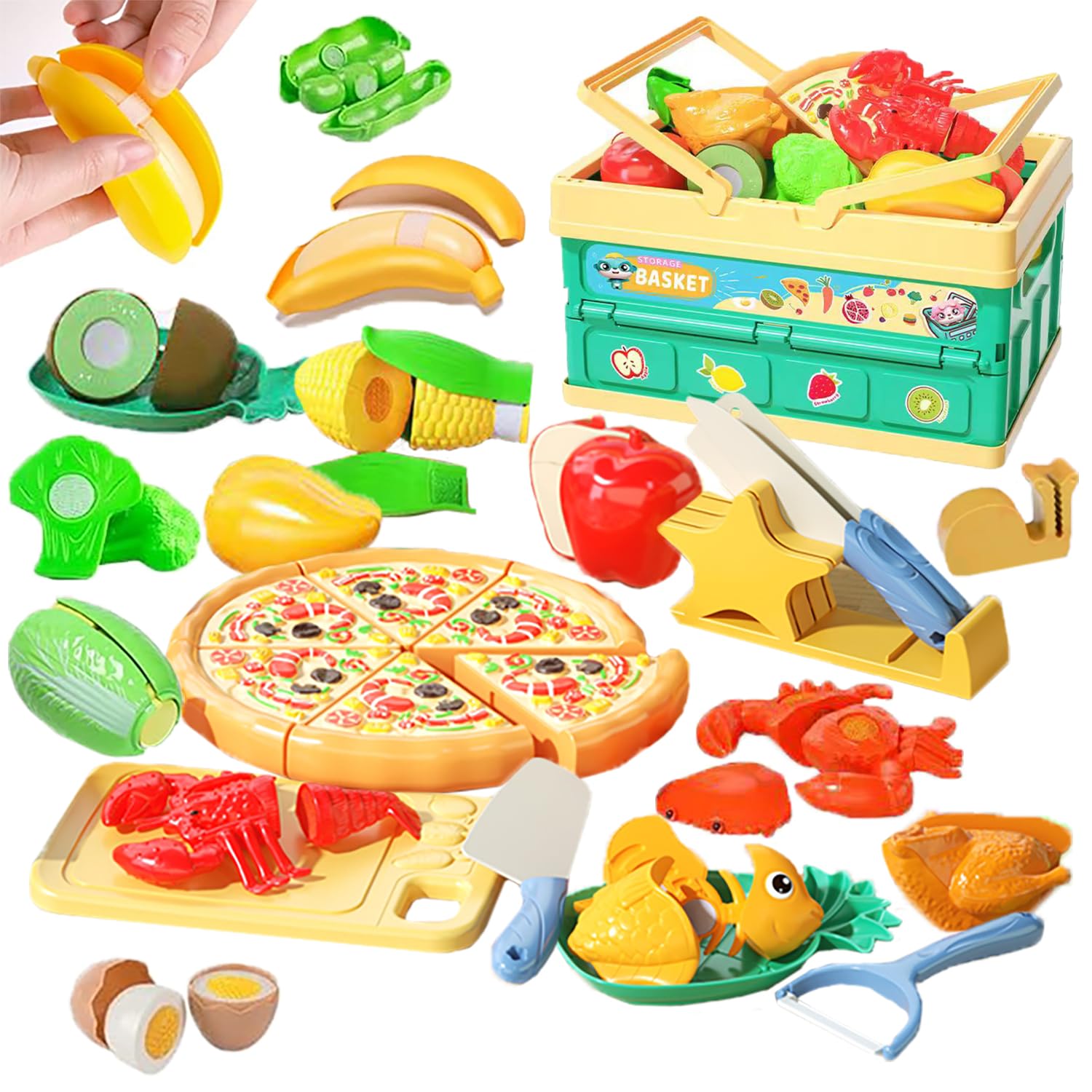 おままごとセット 55点セット 野菜 果物 食器 海鮮 収納かご キッチン おもちゃ ごっこ遊び 食べ物 贅沢食材 ごっこ遊び 親子遊び 誕生日プレゼント キッチントイ おもちゃ（6歳以上）