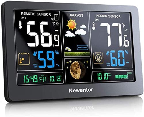 Newentor ウェザーステーション ワイヤレス 屋内外温度計 原子時計付き カラーディスプレイ デジタル天気温度計 カレンダー 調節可能なバックライト付き Weather Stations ブラック
