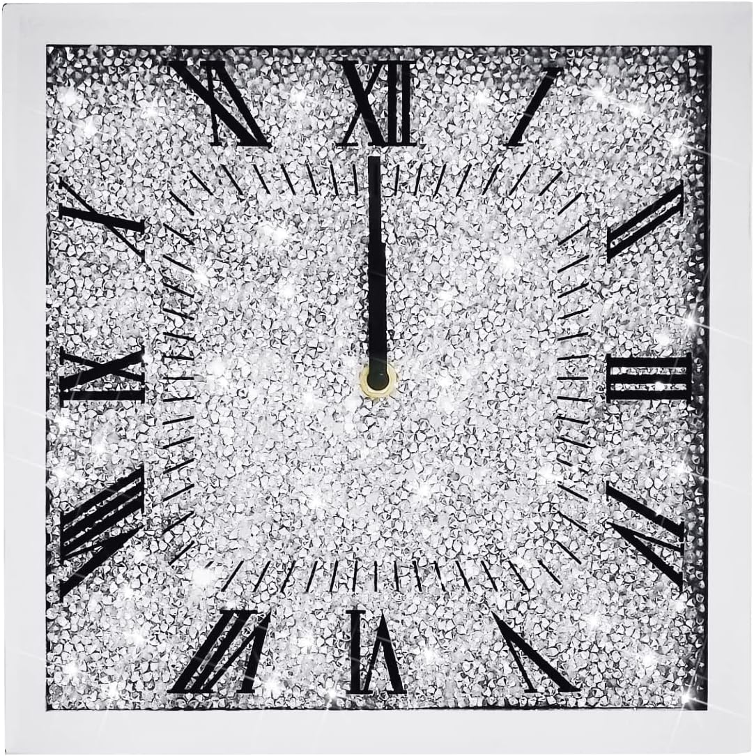 LXARTZJ クリスタル ダイヤモンド スクエア ラウンド 壁時計 壁掛け時計 きらめく装飾 壁面装飾 ウォールデコレーション 12x12インチ シルバーガラスミラー ホームデコレーション インテリア オフィス ダイニング 寝室 リビング Wall Clocks