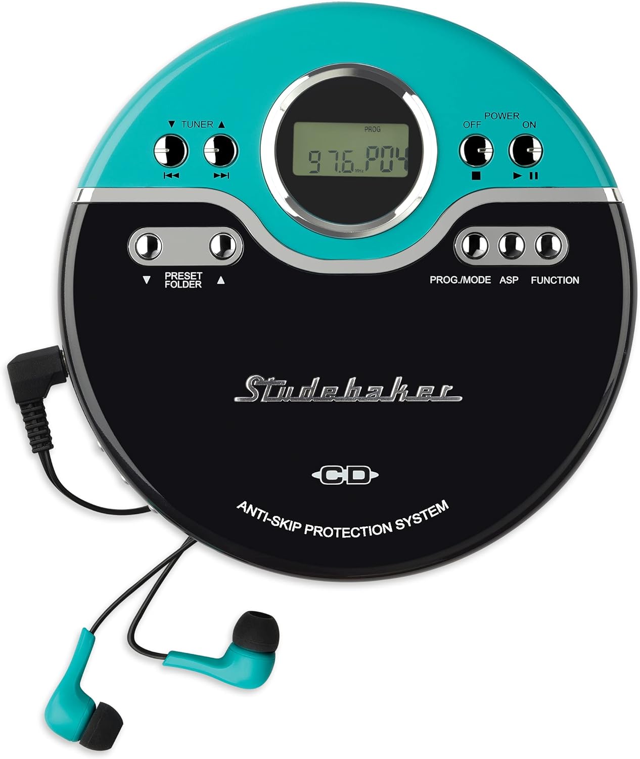 Studebaker レトロポータブルCDプレーヤー CD-R/RW MP3再生 プログラム可能パーソナルCDプレーヤー ポータブルCDプレーヤー アンチスキップ FMラジオ メガバスブースト スポーツイヤホン ヴィンテージターコイズ