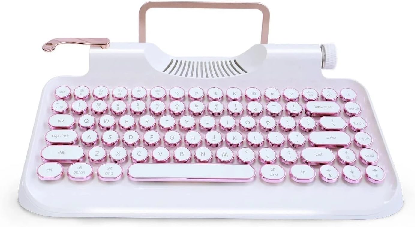 楽天日本小売業販売KNEWKEY RYMEK タイプライター スタイル メカニカル有線 & ワイヤレスキーボード タブレットスタンド付き コンピュータのキーボード Bluetooth接続 ホワイト バックライト付き クラシック レトロ