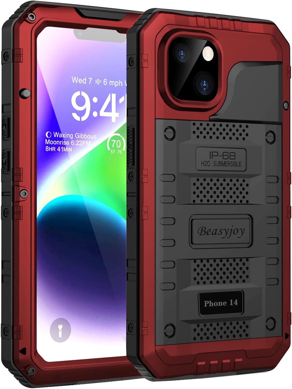 Beasyjoy iPhone 14用ケース 防水 金属製 高耐久 フルボディ 保護ケース スクリーンプロテクター内蔵 軍用グレード耐衝撃 防塵 ディフェンダー Cell Phone Basic Cases 頑丈なカバー 6.1 インチ レッド