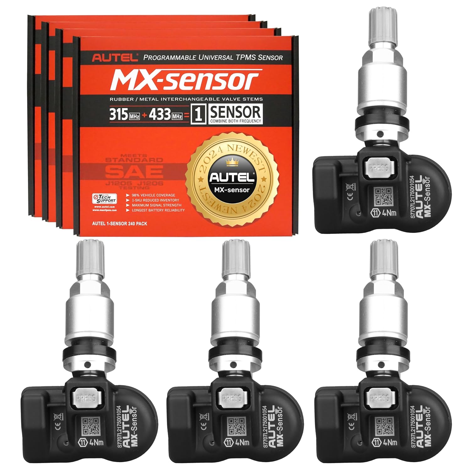 Autel MaxiTPMS MX センサー 4個パック メタルステム TPMS センサー 315MHz/433MHz ユニバーサル タイヤ交換センサー TS900 TS408 TS501 TS508 TS601 TS608 MK808TS MX808TS MS906TS ITS600 に対応
