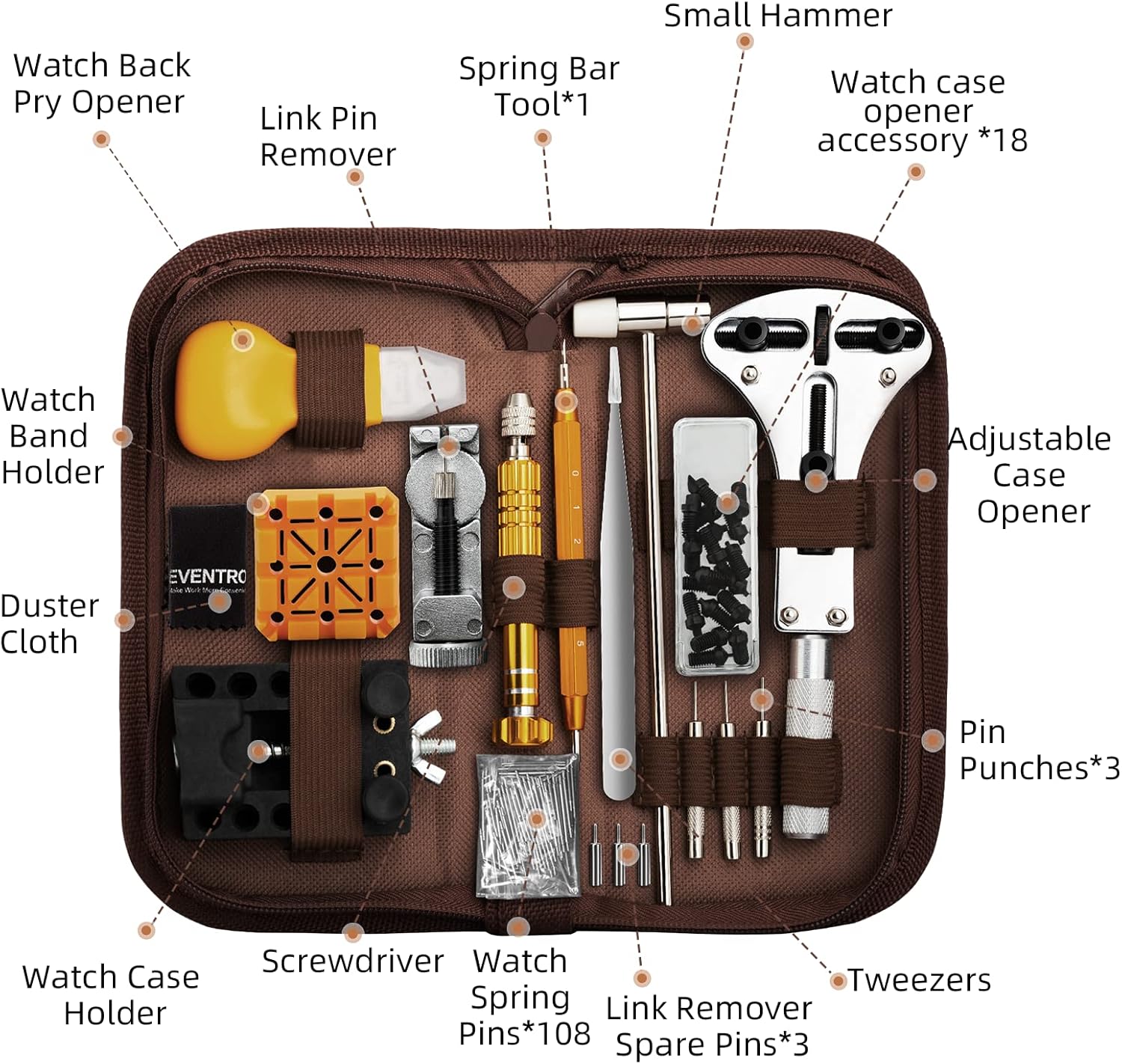 Eventronic 時計修理キット 腕時計修理工具セット 電池交換・バンド調整対応 フルキット ケース付き バネ棒外し・裏蓋オープナー・コマ外しツール付き ウォッチリンク除去ツール 時計電池交換ツール　時計バックケースオープナー バッテリー交換 ストラップ分解