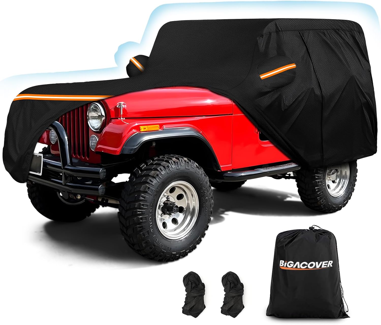 Rakuten - BIGACOVER Jeep CJ5用 防水カーカバー 1955-1983年式対応 210Dオックスフォード＆コットン素材 PU防水コーティング オールウェザー仕様 運転席ジッパー＆防風設計付き 日除け・防雪・防塵・UV対策 ジープ CJ5 1955-1983年式対応 防水カーカバー 210D ブラック 黒