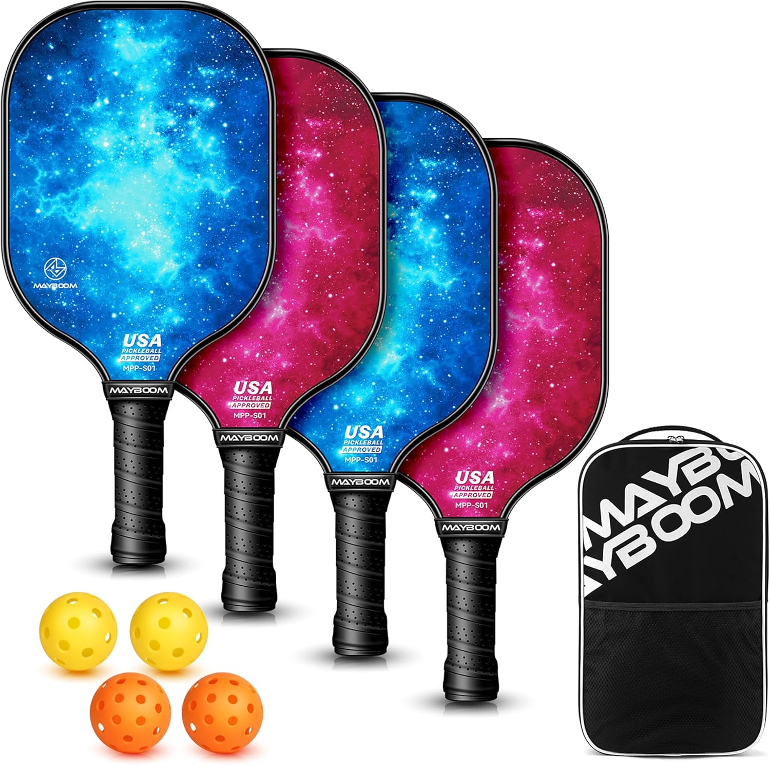 乐天商城 - Mayboom ピックルボール パドル 4本セット USAPA 公認 ピックルボールセット ピックルボール4個＆ピックルボールバッグ付き 初心者向け ファイバーグラス製