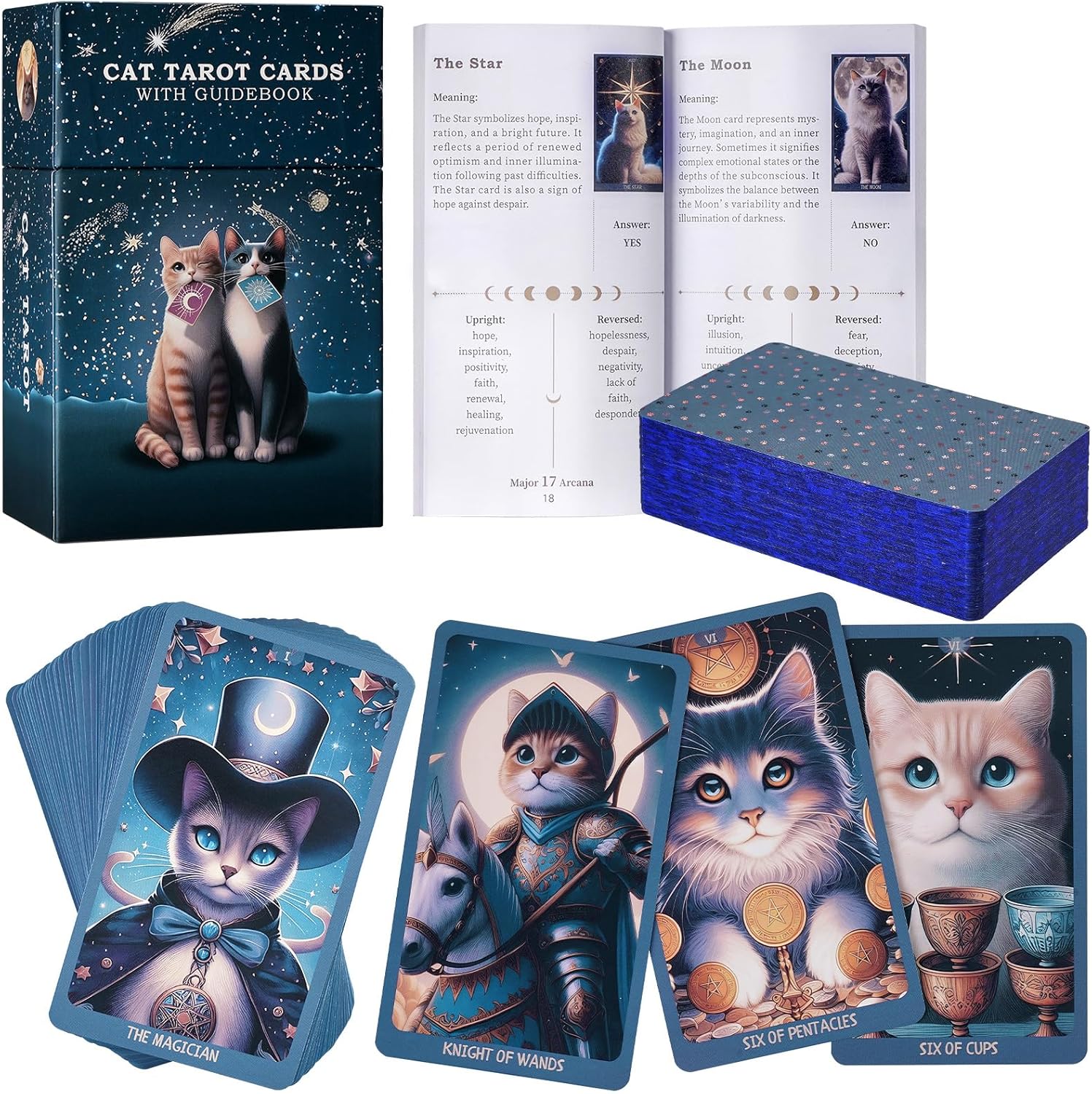 Tarot Card - BQLXBABLT 猫テーマ タロットカード ガイドブック付き 初心者向け かわいいオリジナルキャットタロット 400GSM厚手 タロット＆オラクルデッキキット エンボス加工エッジ ネコ柄タロットカード デッキ＆ガイドブック付き 初心者向け キュート キャットタロット