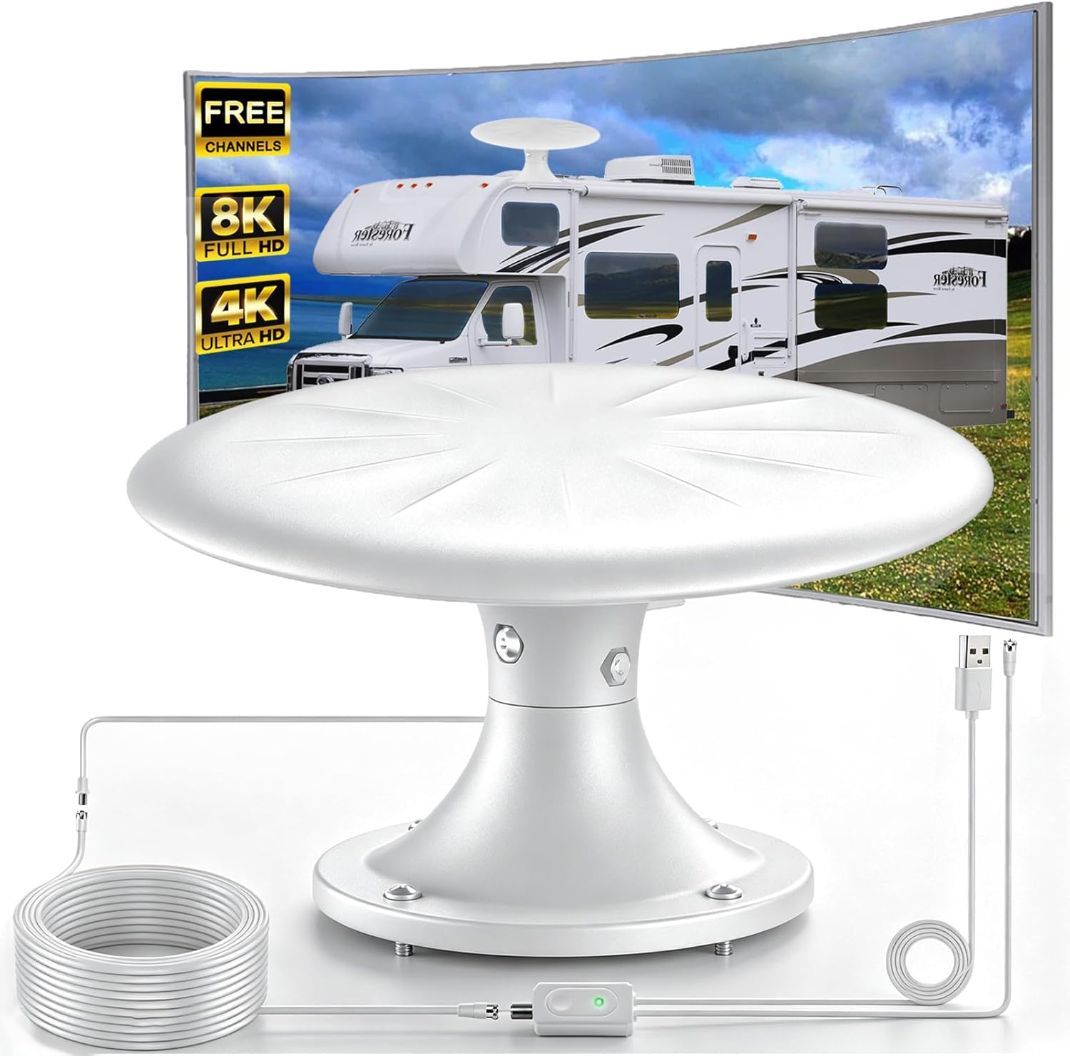 Rakuten - RV TVアンテナ 屋外用 720°全方向受信 4K/8K対応 ブースター内蔵 35ftケーブル付 キャンピングカー HDTVアンテナ RV TVアンテナ キャンピングカー アンテナ 4Kアンテナ 8K HDTVアンテナ 屋外TVアンテナ 全方向アンテナ ブースター内蔵アンテナ RVアクセサリー ホワイト