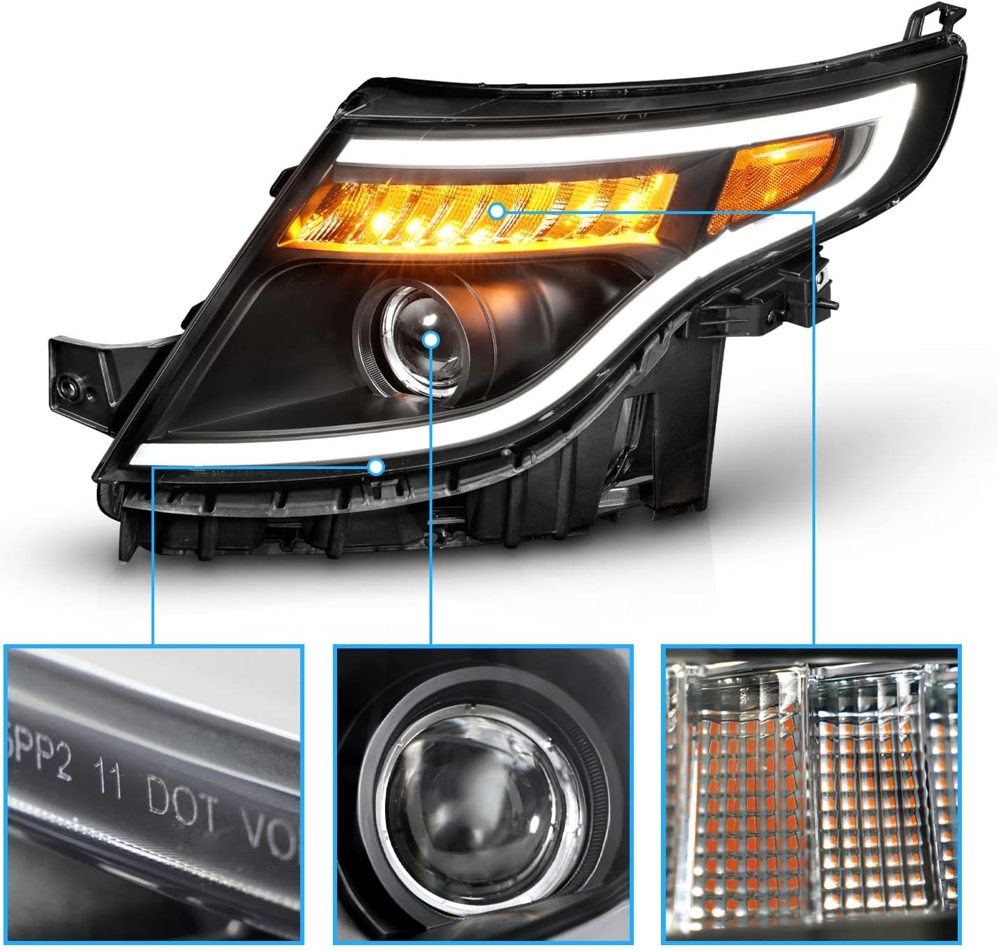 Rakuten - AmeriLite 2011～2015年式 Ford Explorer LEDチューブ ウインカー付き プロジェクター ブラック ヘッドライト 左右セット（運転席側・助手席側）ヘッドライト チューブシグナル プロジェクター 左右セット ブラック 2011-2015 Ford Explorer 対応 リプレイス 前照灯交換