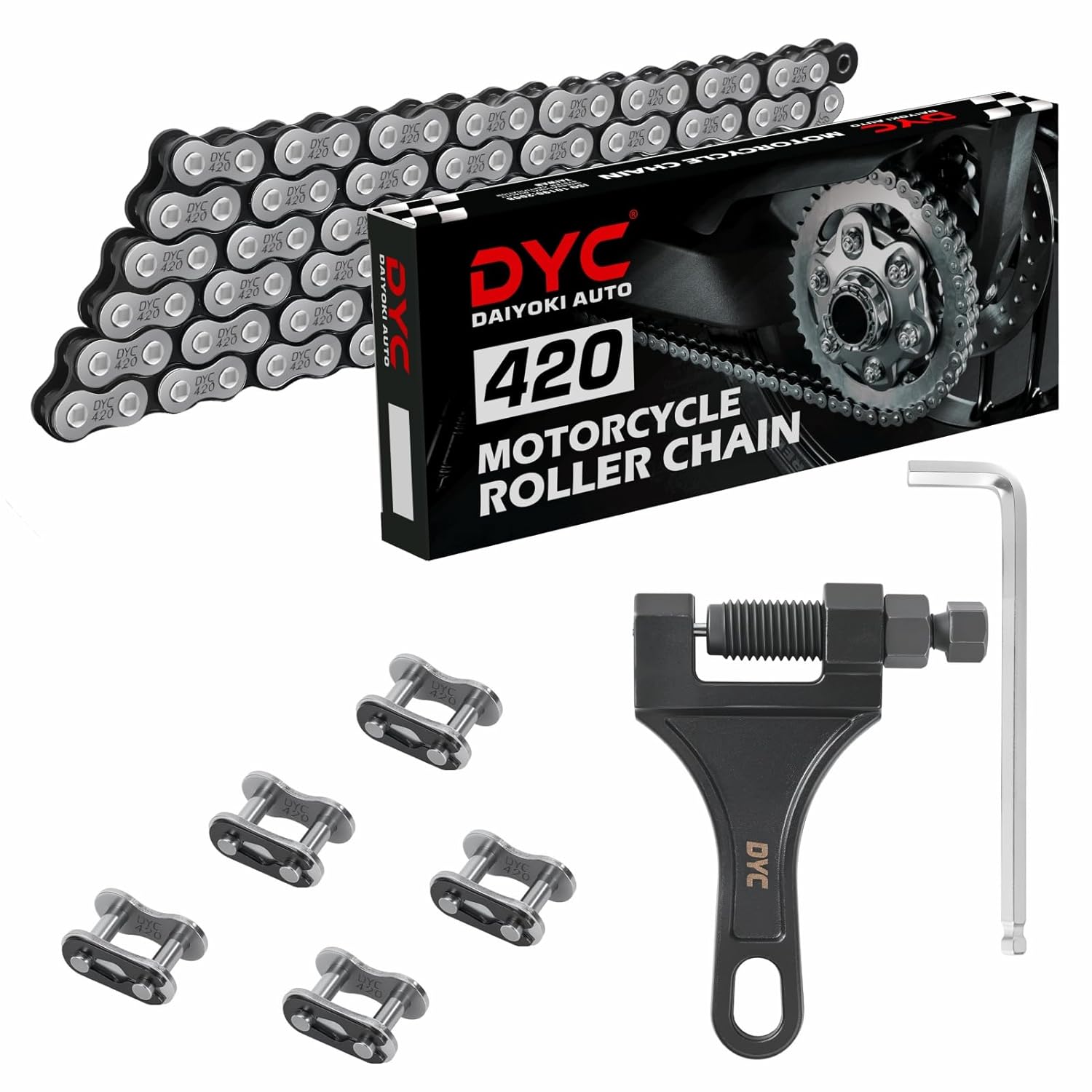 乐天商城 - DYCTAHO DYC 420 バイクチェーン（132リンク）50cc～212cc対応 Coleman / SSR / TaoTao / Coolster / Apollo / Baja / Kazuma など対応 ミニバイク・ダートバイク・ゴーカート用 チェーンカッターツール付き 420チェーン 132リンク バイク ATV ミニバイク ゴーカート対応