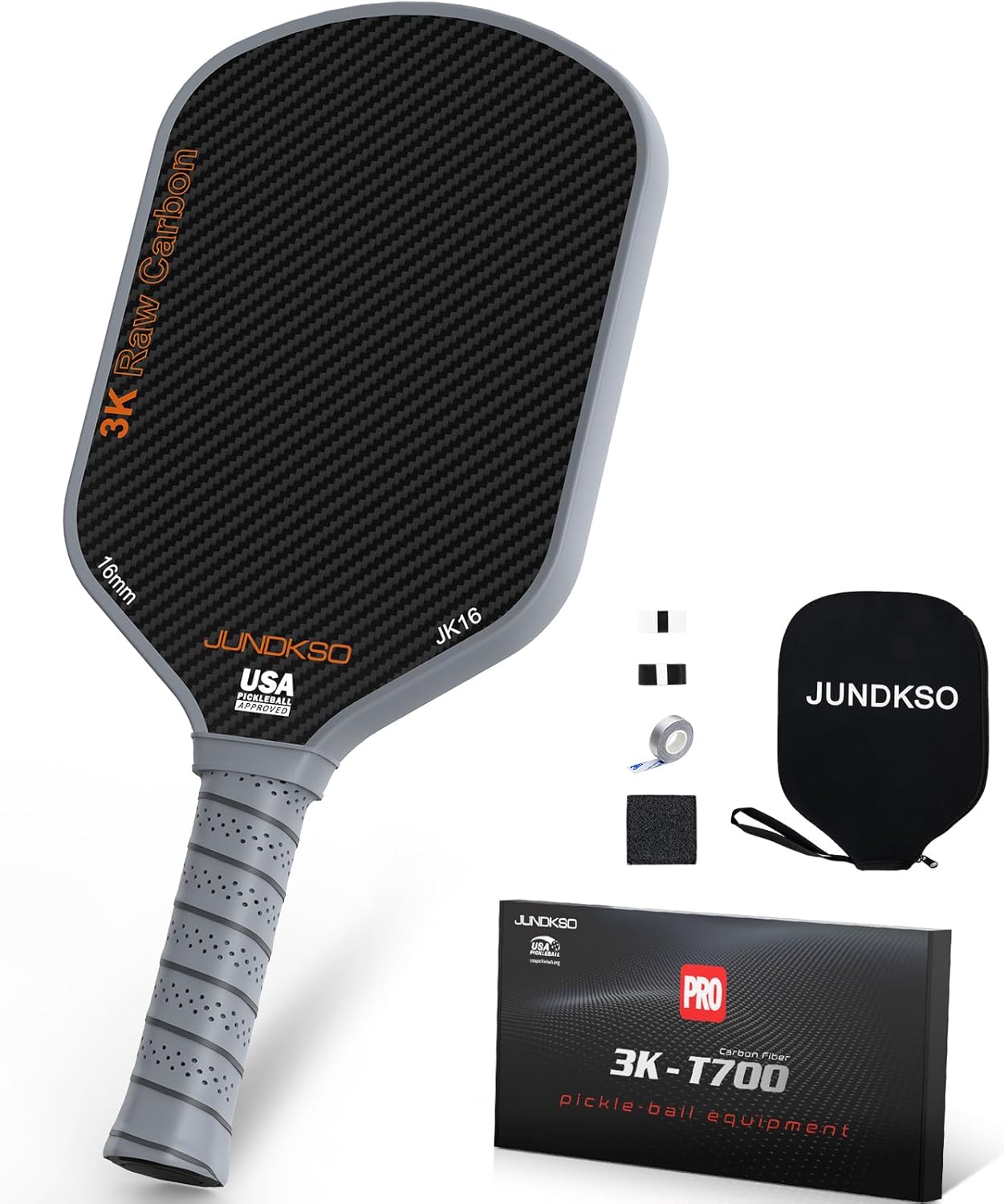 Rakuten - JUNDKSO プロフェッショナル ピックルボールパドル T700カーボンファイバー採用・USAPA公認モデル 3Kローカーボン フロスト加工表面 / スピン性能強化 中級者・上級者向け オフェンシブロングハンドル仕様 フロスト加工 高スピン 中上級者向け グレー