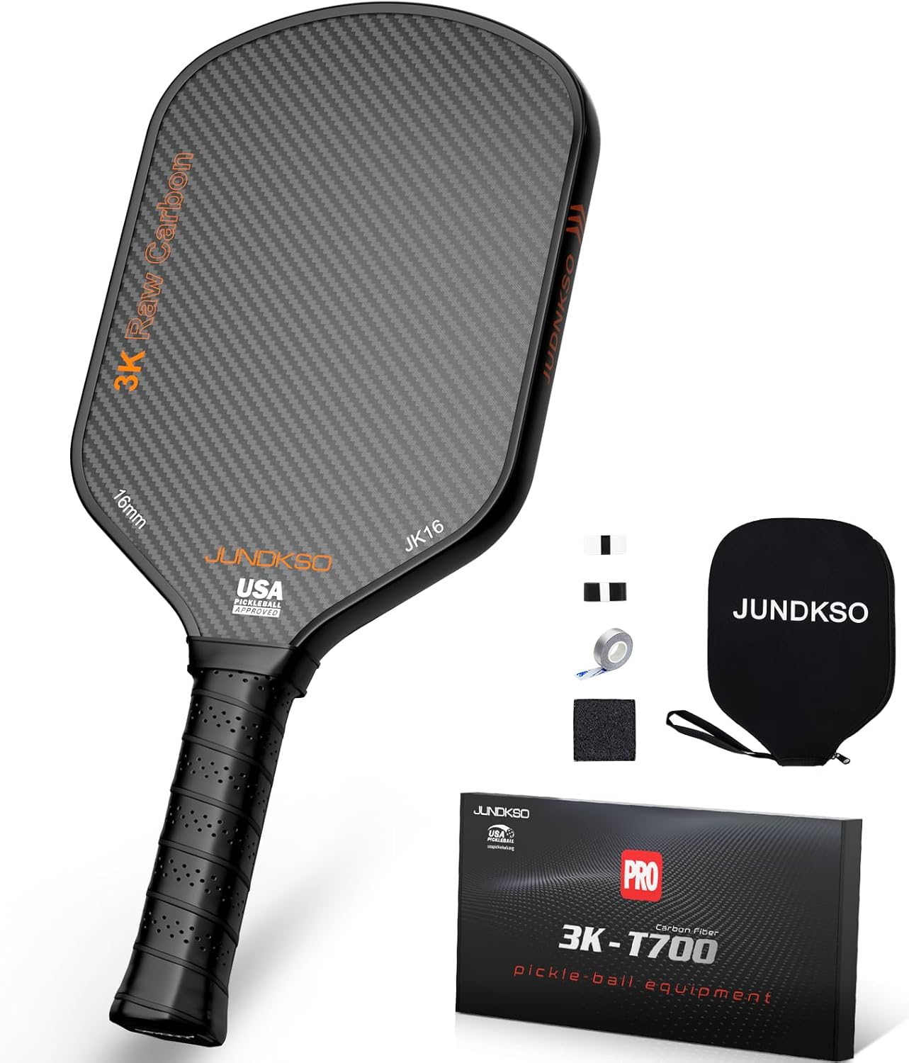 Rakuten - JUNDKSO プロフェッショナル ピックルボールパドル T700カーボンファイバー採用 3Kローカーボン フロスト加工表面 USAPA公認 中級者・上級者向け オフェンシブロングパドル ブラック＆オレンジ ピックルボール パドル T700カーボンファイバー USAPA認証 3Kローカーボン